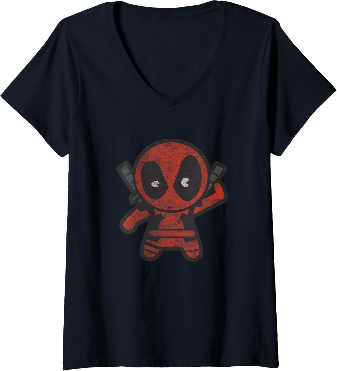 Womens Marvel Kawaii Chibi Deadpool Sassy Portrait Distressed V2 V-Neck