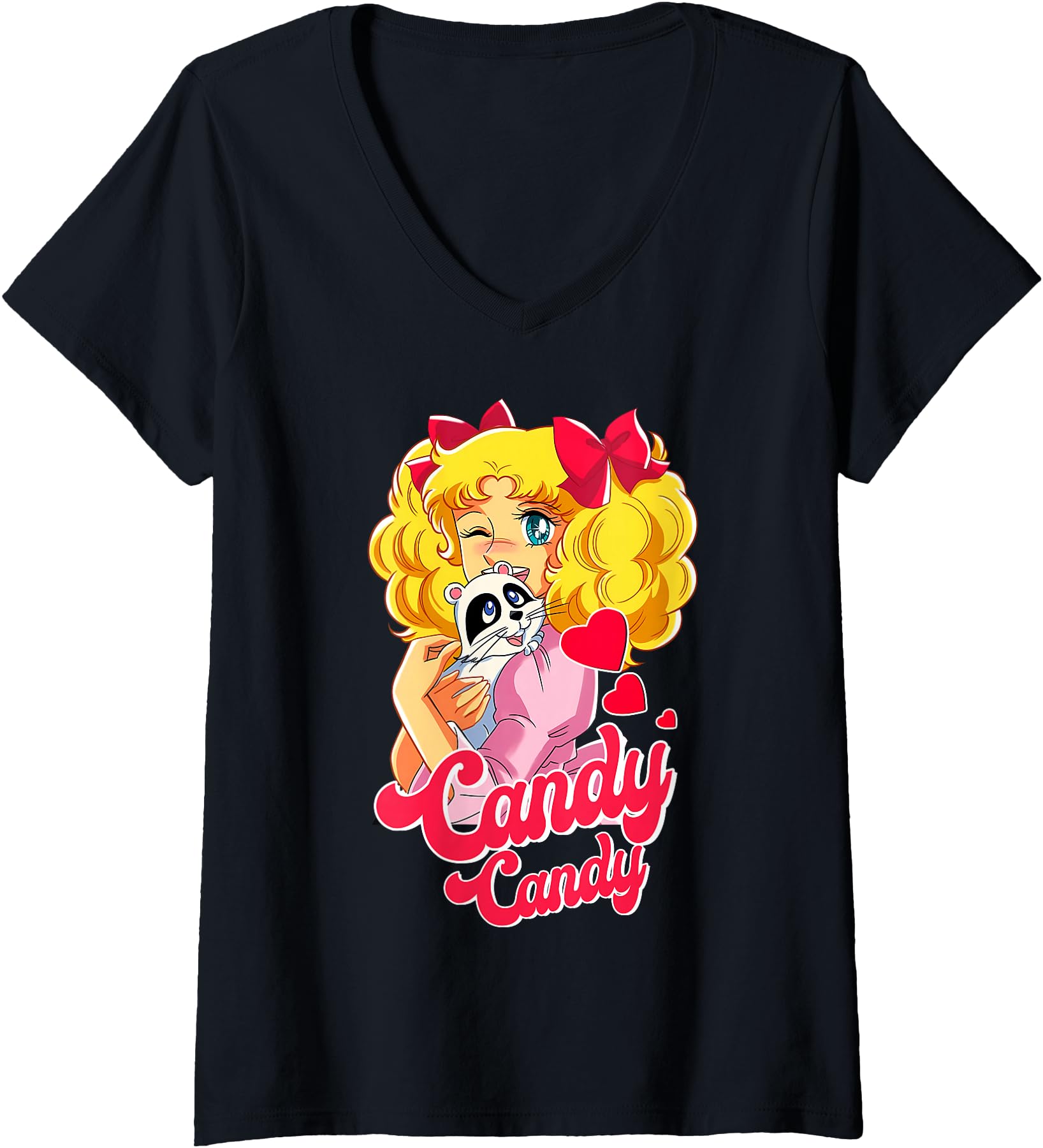 Womens Candy Raccoon Cartoon Japanese 80s Retro Vintage Anime Manga V-Neck