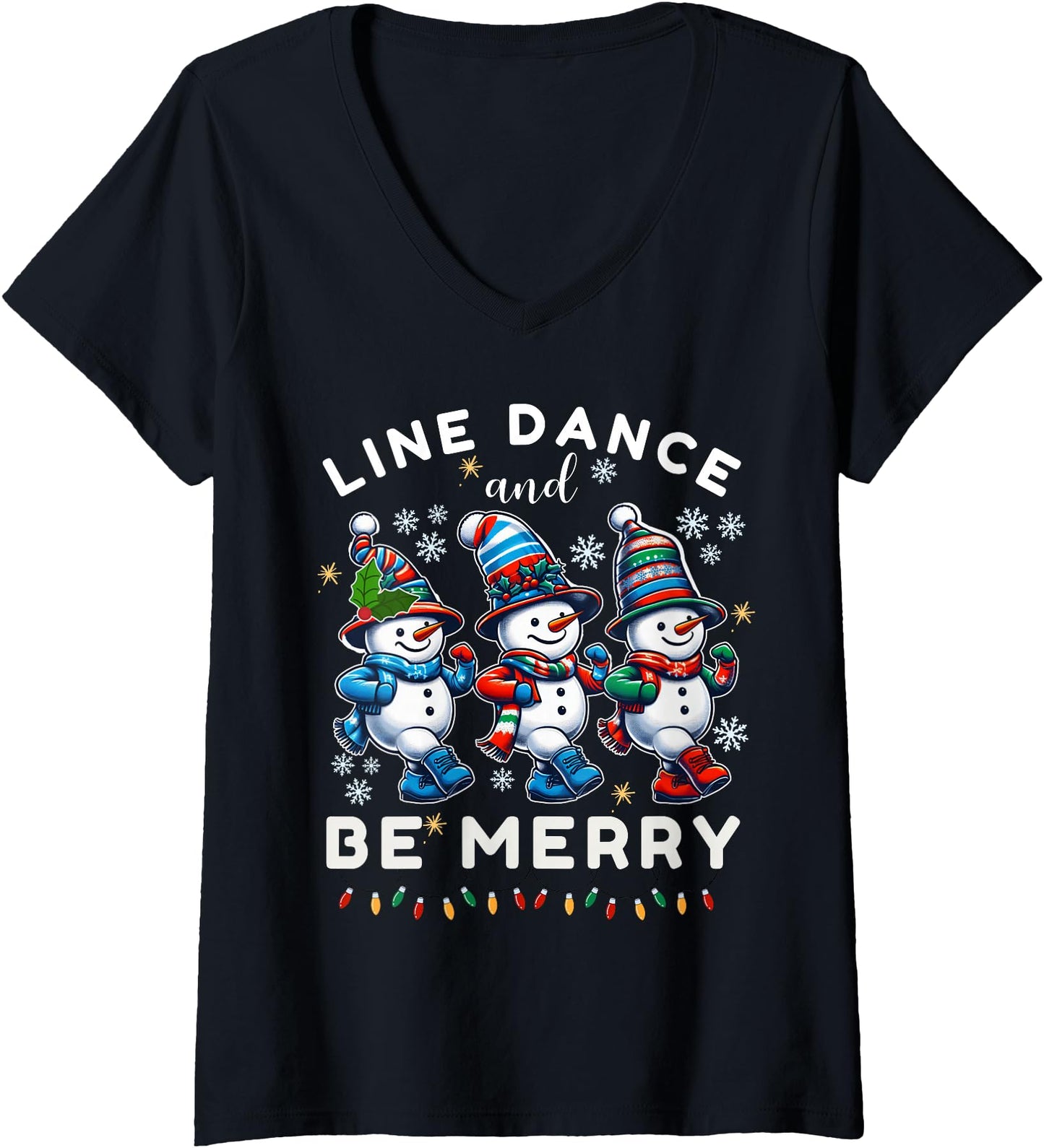 Womens Be Merry Snowman Line Dance Christmas Funny Holiday Dancing V-Neck