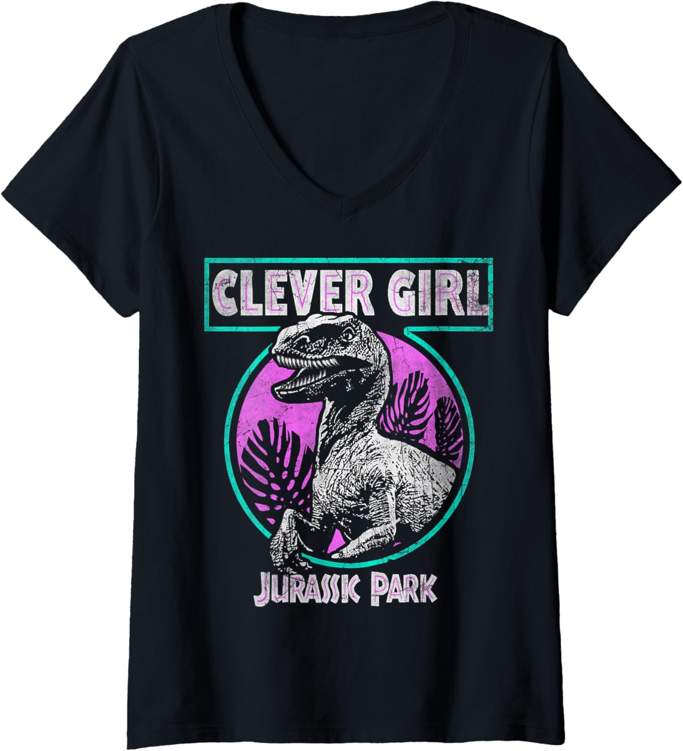 Womens Jurassic Park Distressed Teal Raptor Clever Girl V-Neck