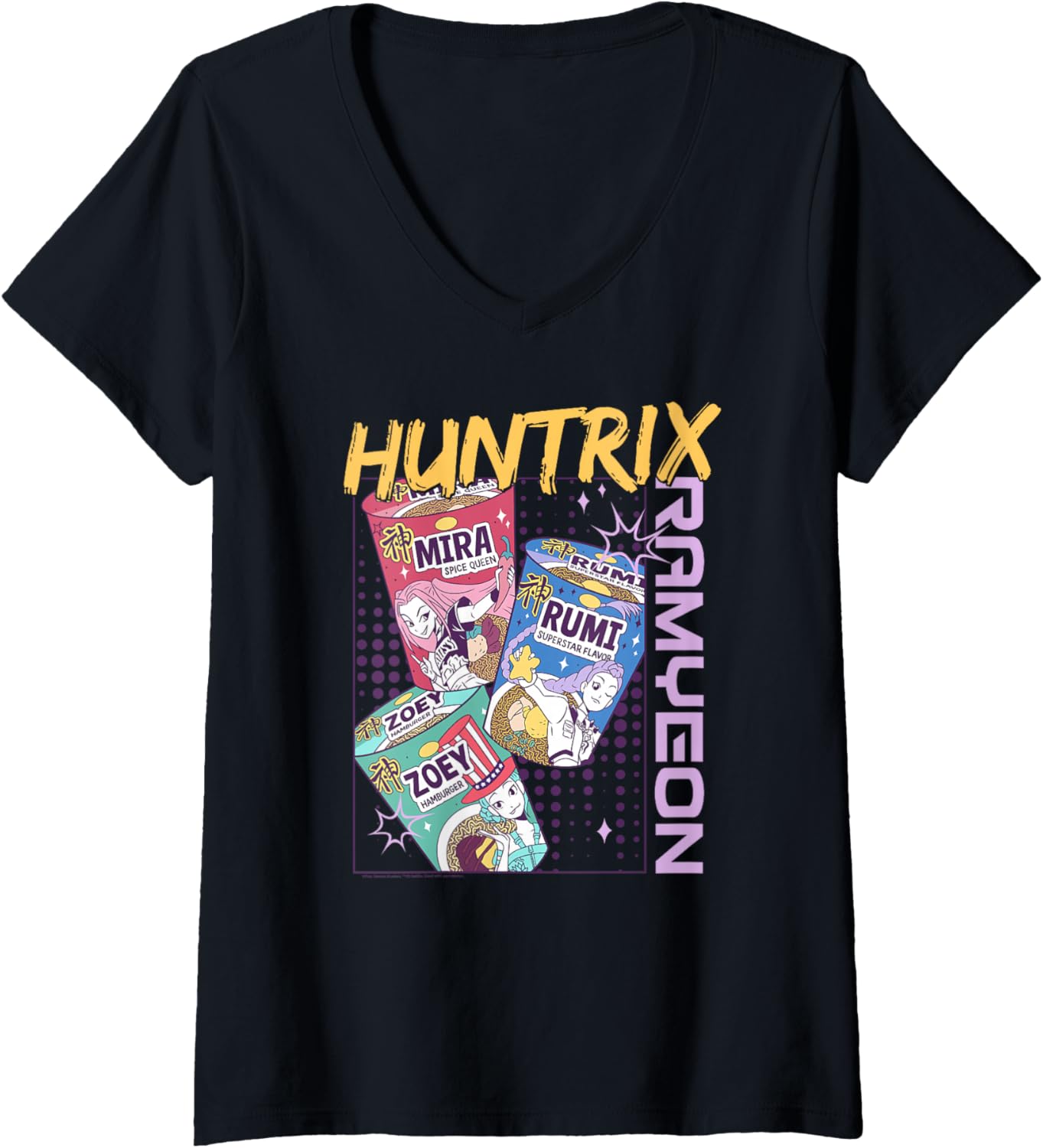 Womens Kpop Demon Hunters Huntrix Ramyeon Full Color V-Neck