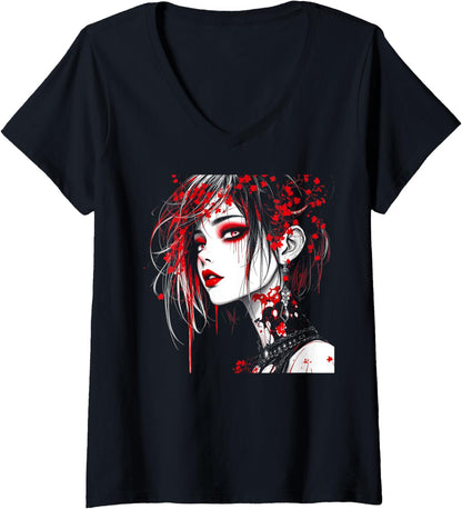 Womens Horror Anime Manga Tee Gothic Outfit Japanese Chibi Girl V-Neck
