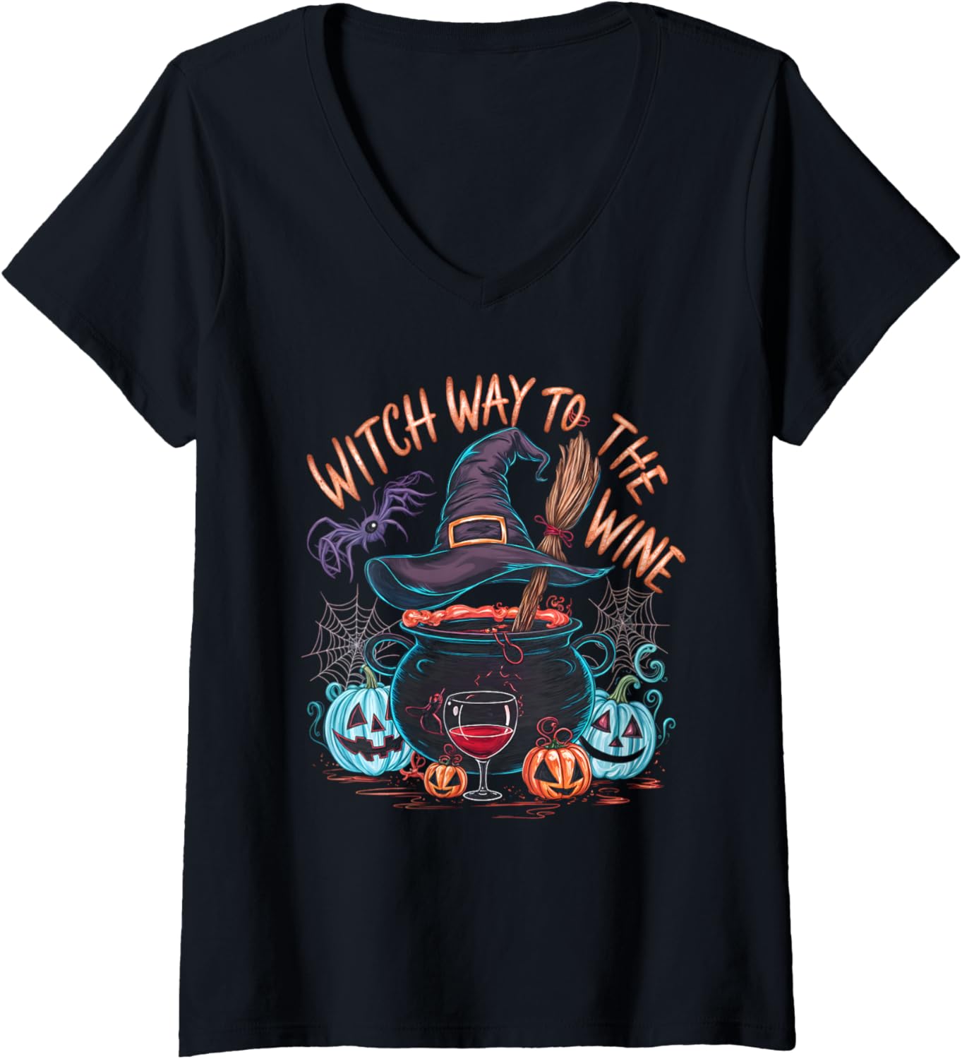 Womens Witch Way To The Wine Funny Halloween Wine Lovers V-Neck
