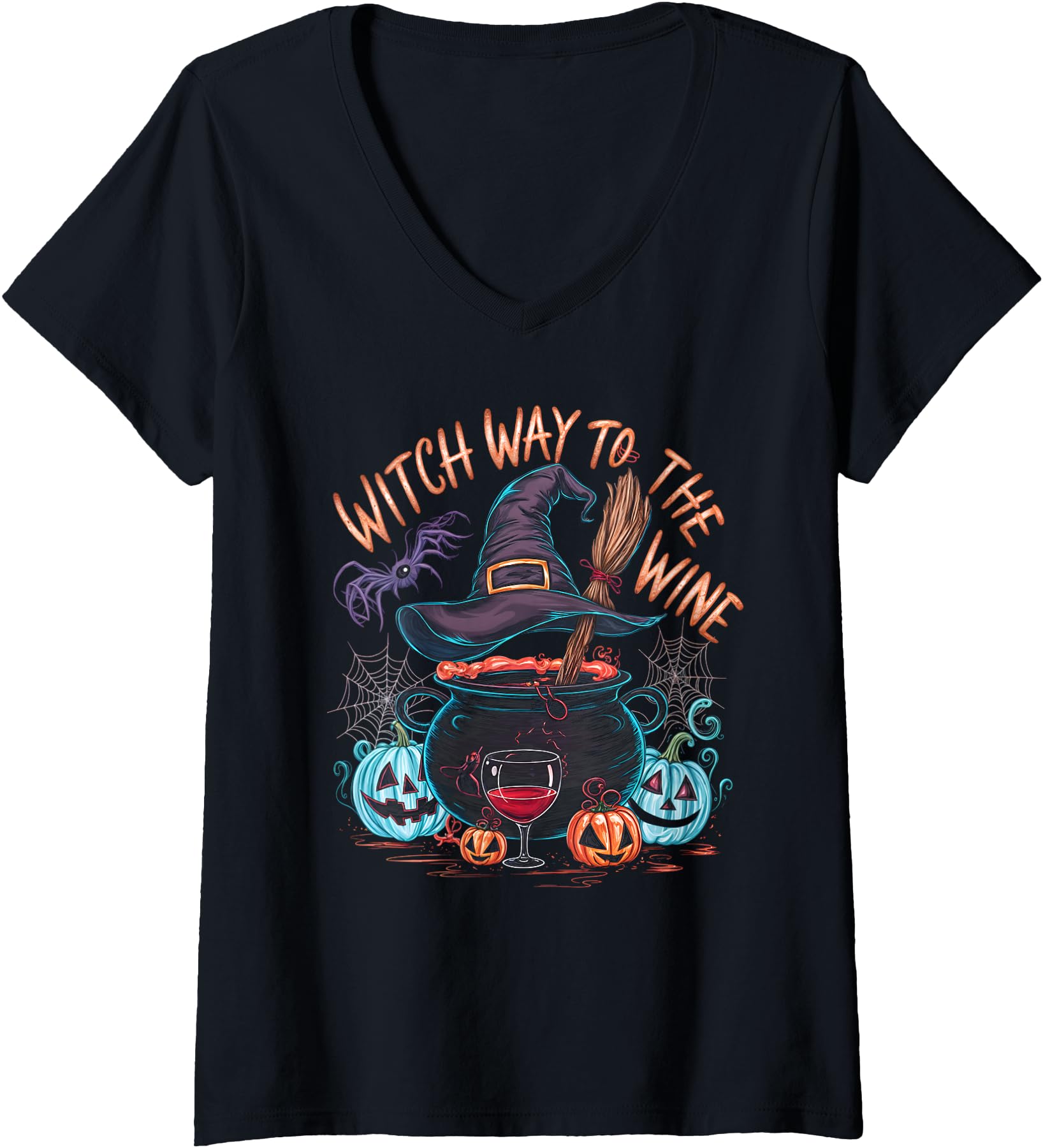 Womens Witch Way To The Wine Funny Halloween Wine Lovers V-Neck