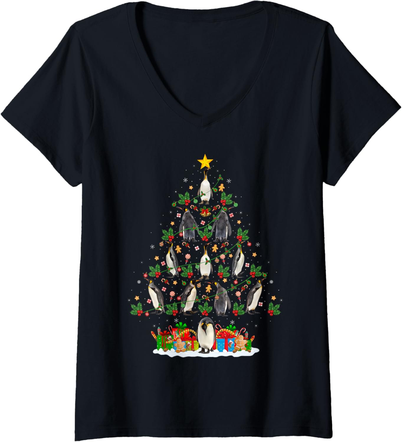 Womens Penguin Lighting Xmas Holiday Santa Penguin Christmas Tree V-Neck