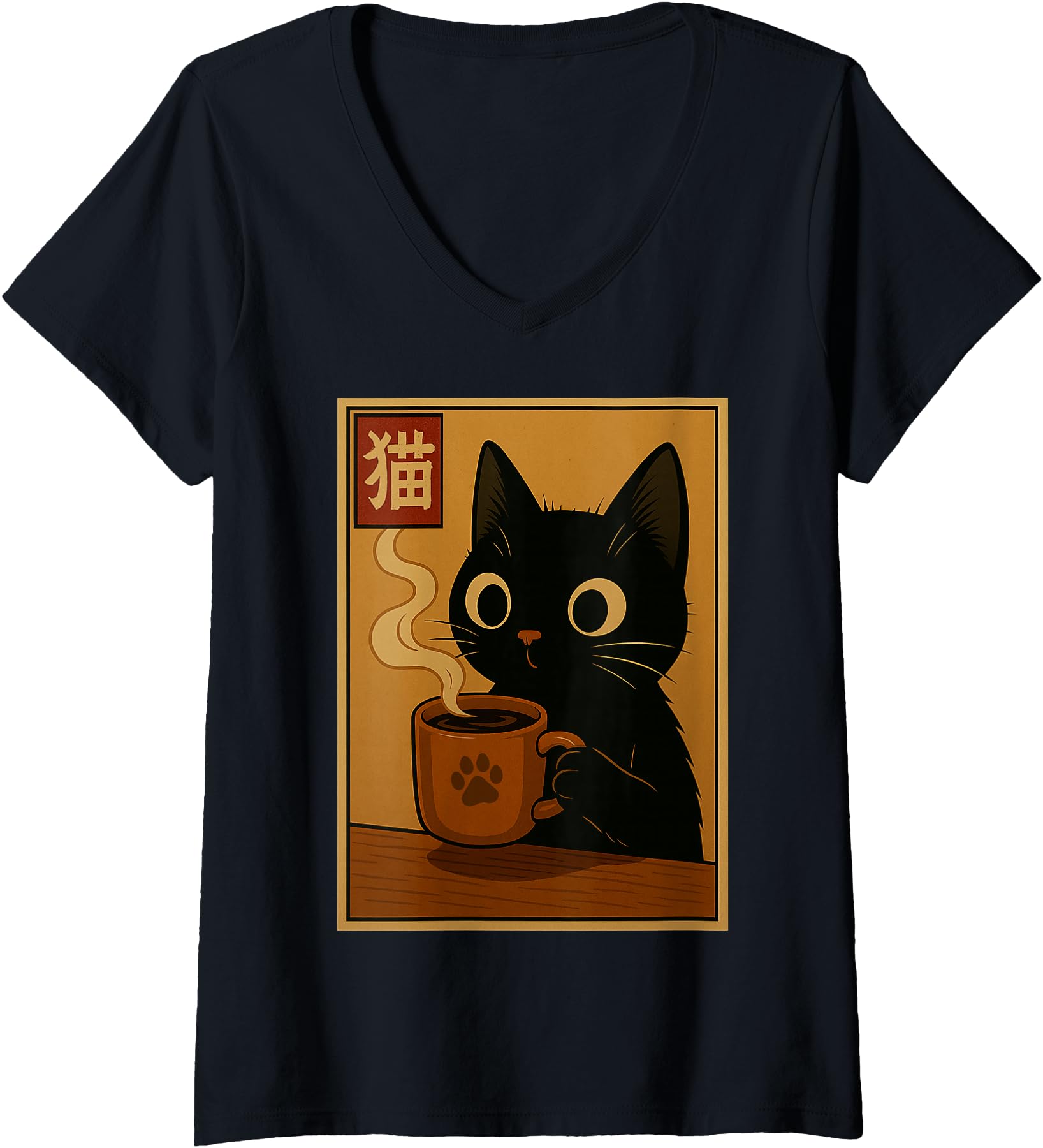 Womens Japanese Kawaii Anime Cat Neko Aesthetic Funny Cat Coffee V-Neck