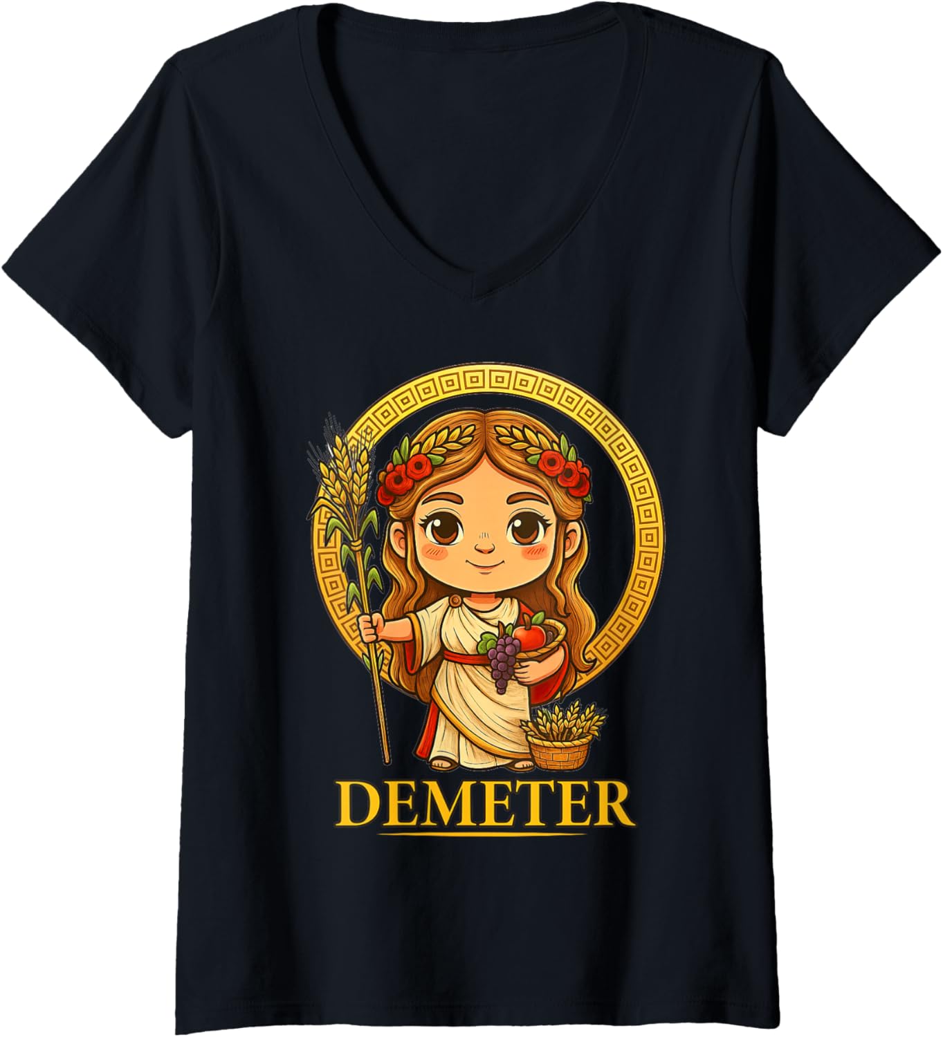 Womens Kawaii Demeter Greek Mythology Chibi Goddess Ancient Greece V-Neck
