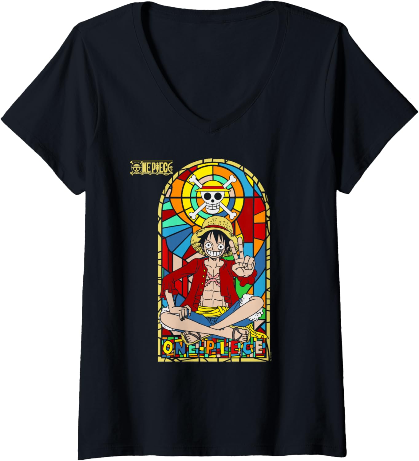 Womens One Piece Anime Monkey D. Luffy Stained Glass Window V-Neck