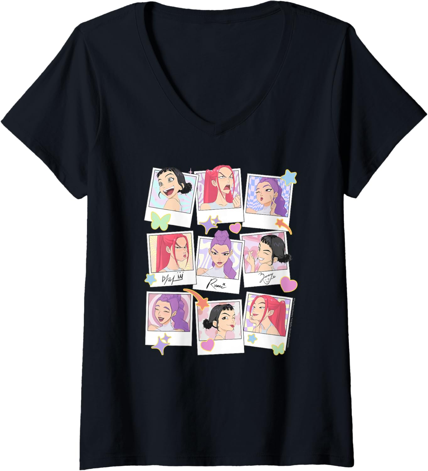 Womens Kpop Demon Hunters Halloween Huntrix Polaroid Frames V-Neck