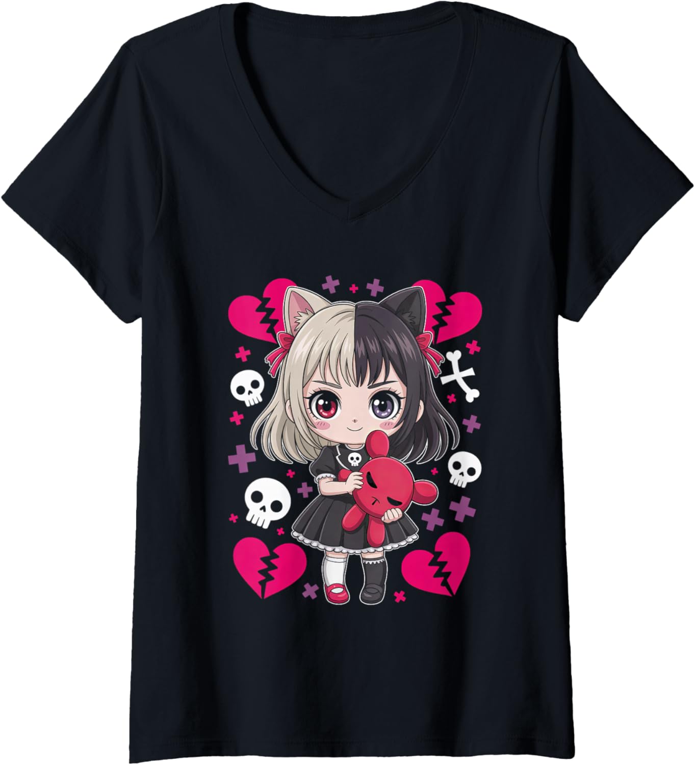 Womens Goth Emo Girl with Teddybear Gothic Chibi Anime Girlie V-Neck