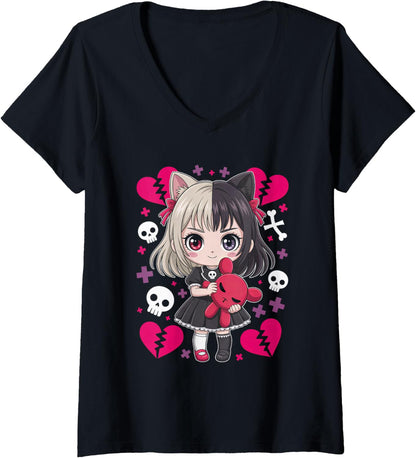 Womens Goth Emo Girl with Teddybear Gothic Chibi Anime Girlie V-Neck