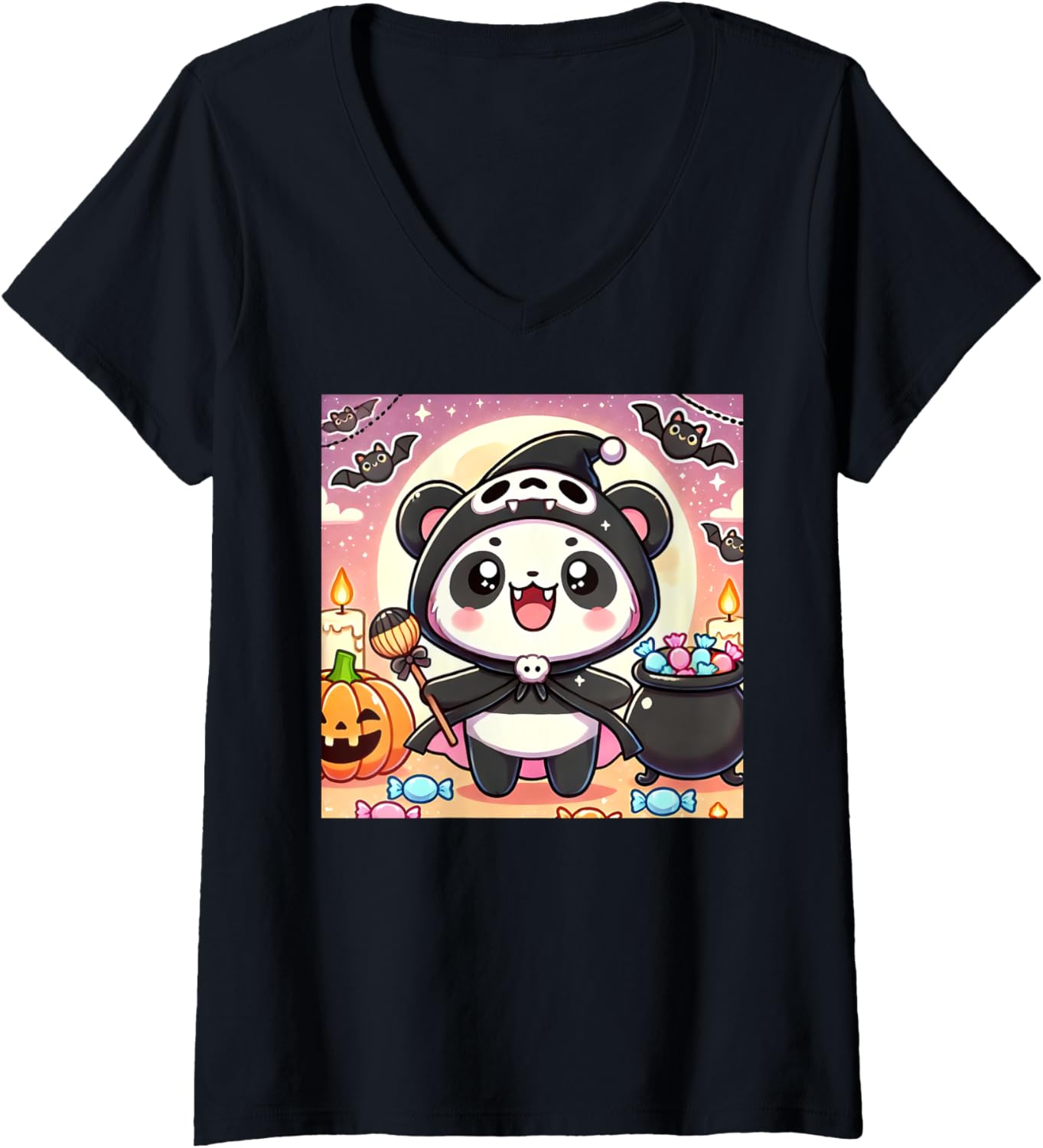 Womens Adorable Vampire Panda Chibi Kawaii V-Neck