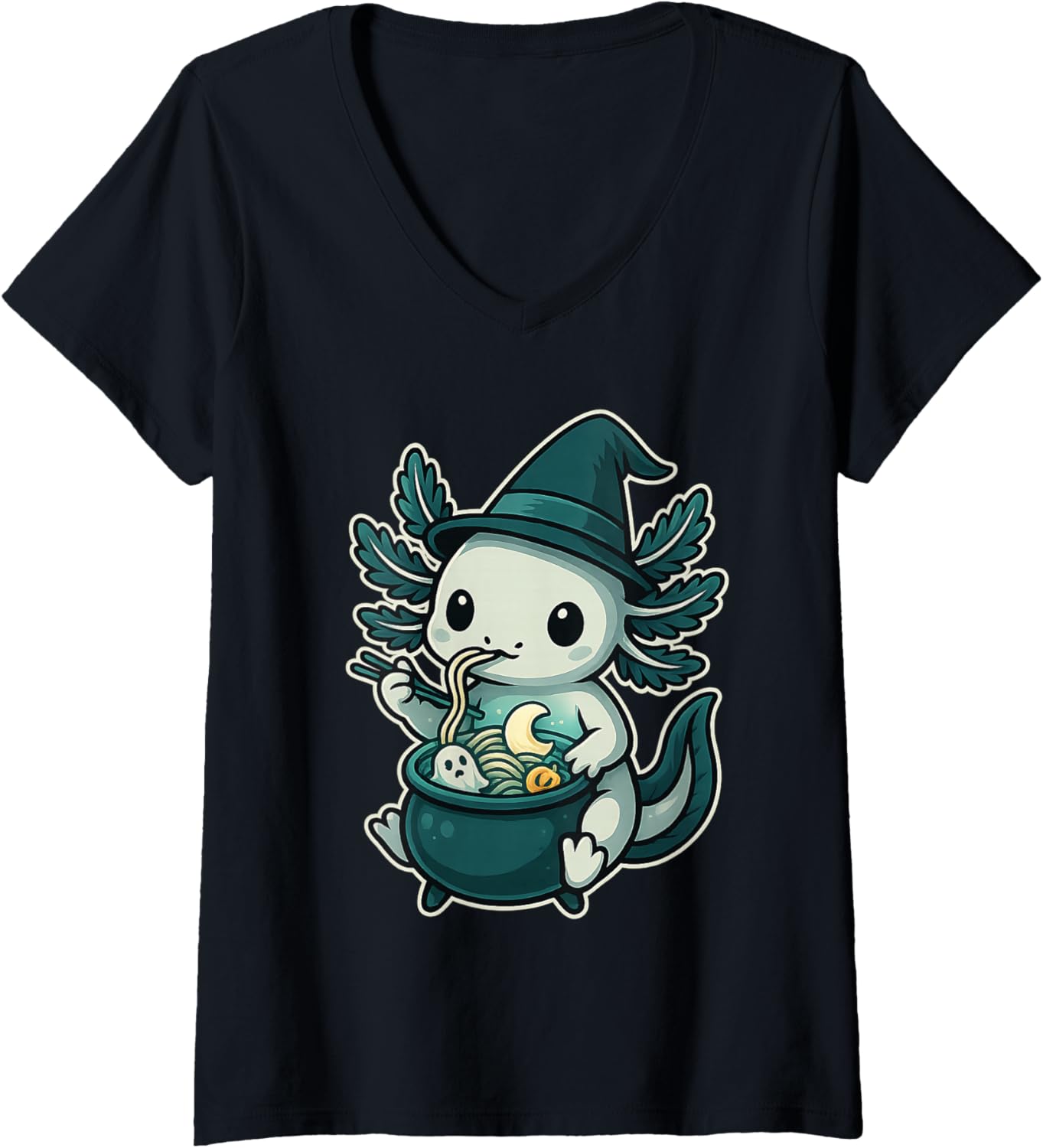 Womens Witchy Axolotl Ramen in Cauldron Kawaii Chibi Halloween V-Neck