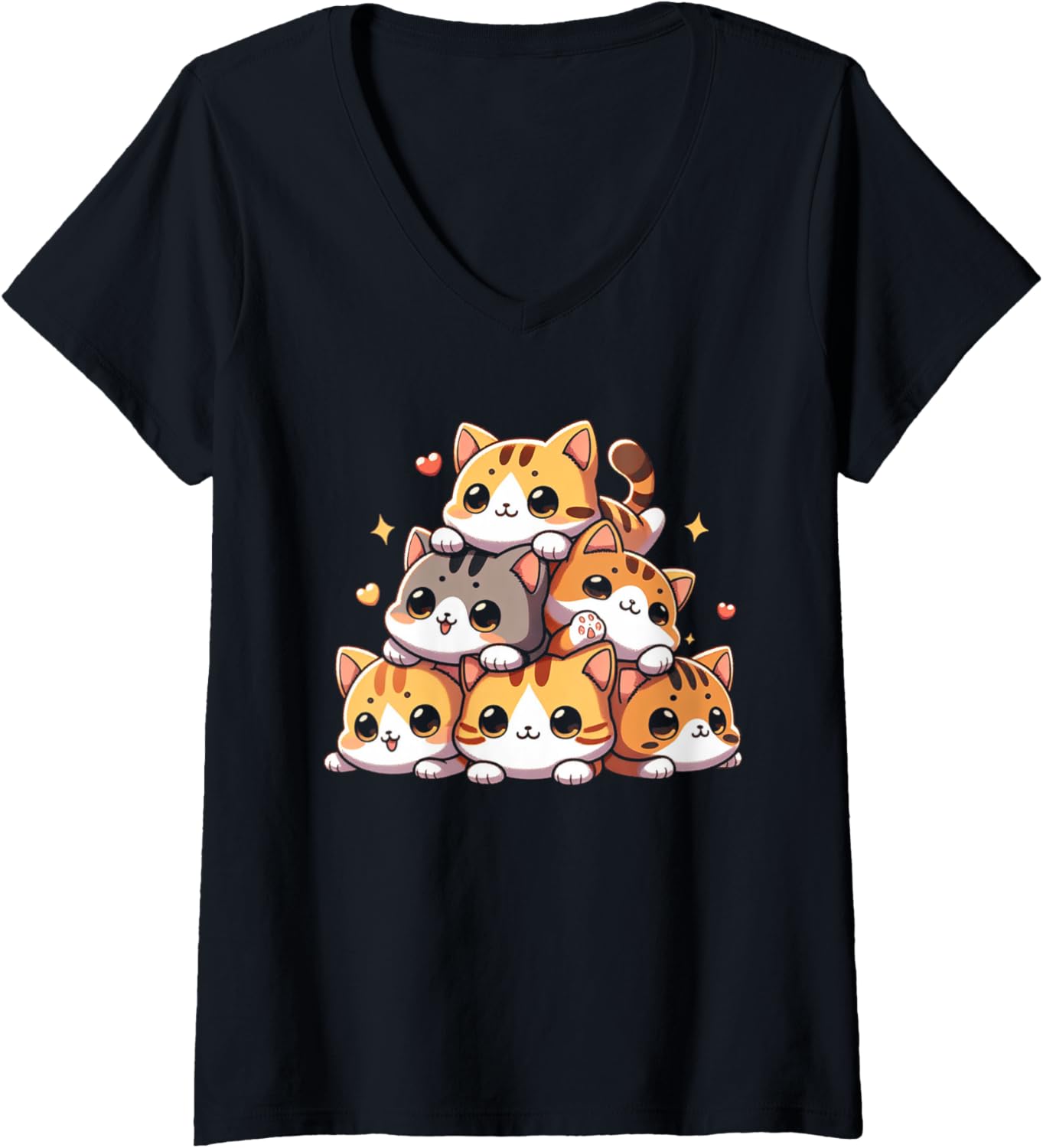 Womens Pile Of Kitty Cats Pile Kawaii Neko Chibi Meowtain Anime V-Neck