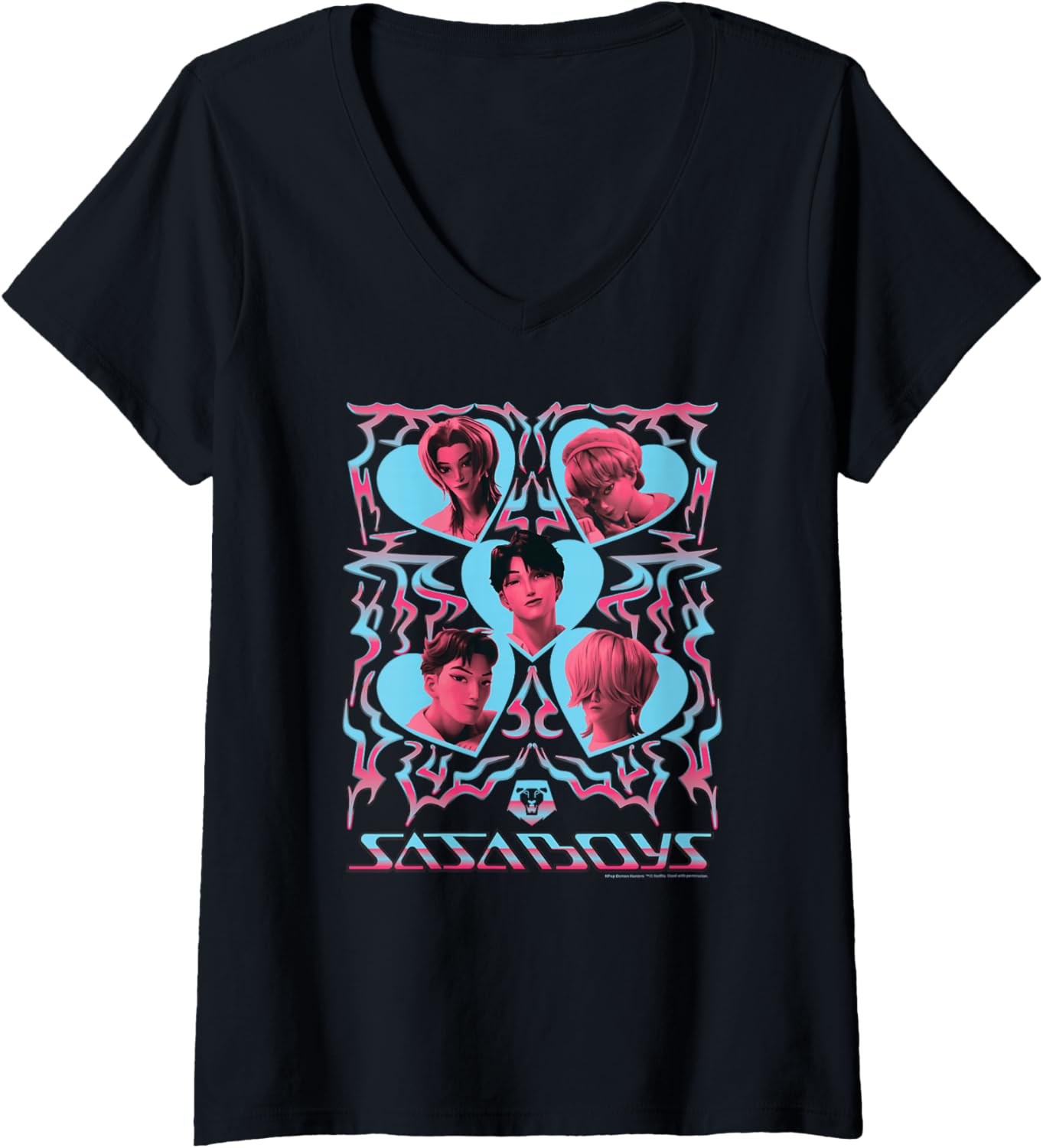 Womens Kpop Demon Hunters Halloween Saja Boys Heart Shapes Portrait V-Neck