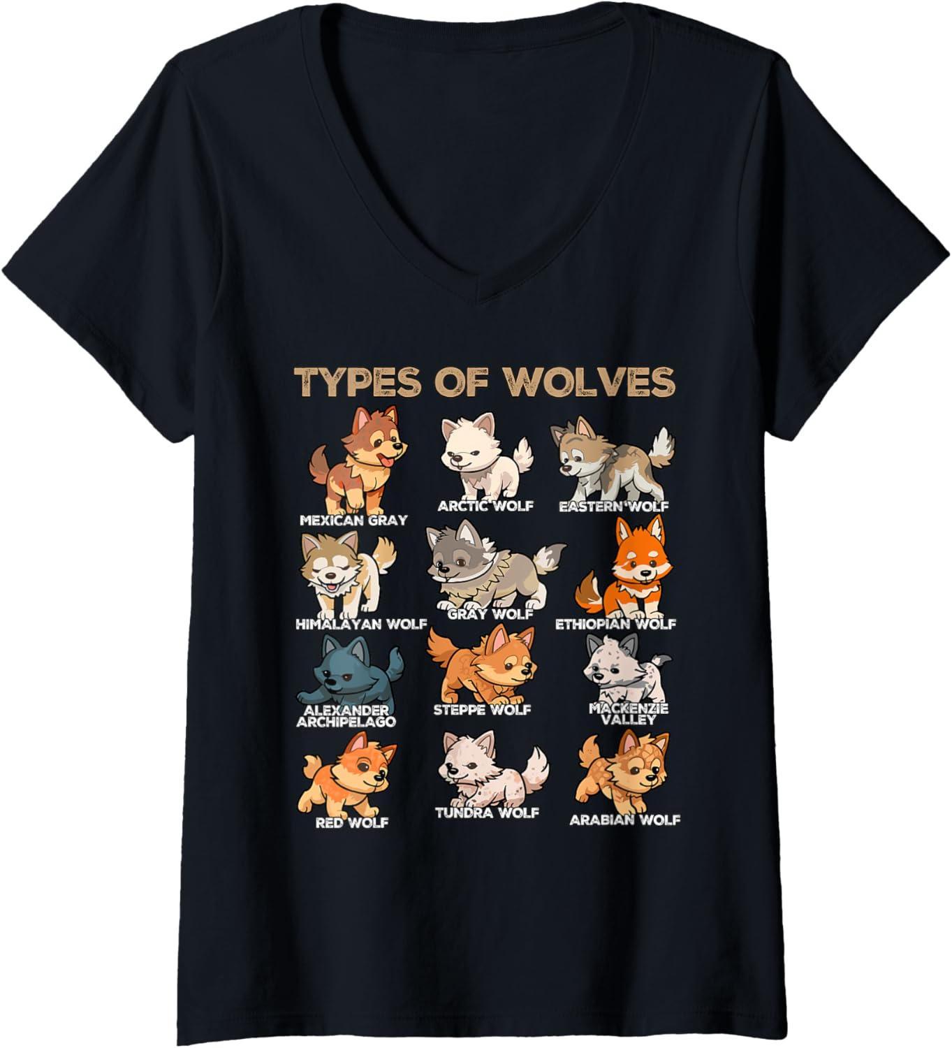 Womens Types of Wolves Funny Cute Wolf Animals Chibi Wolf V-Neck