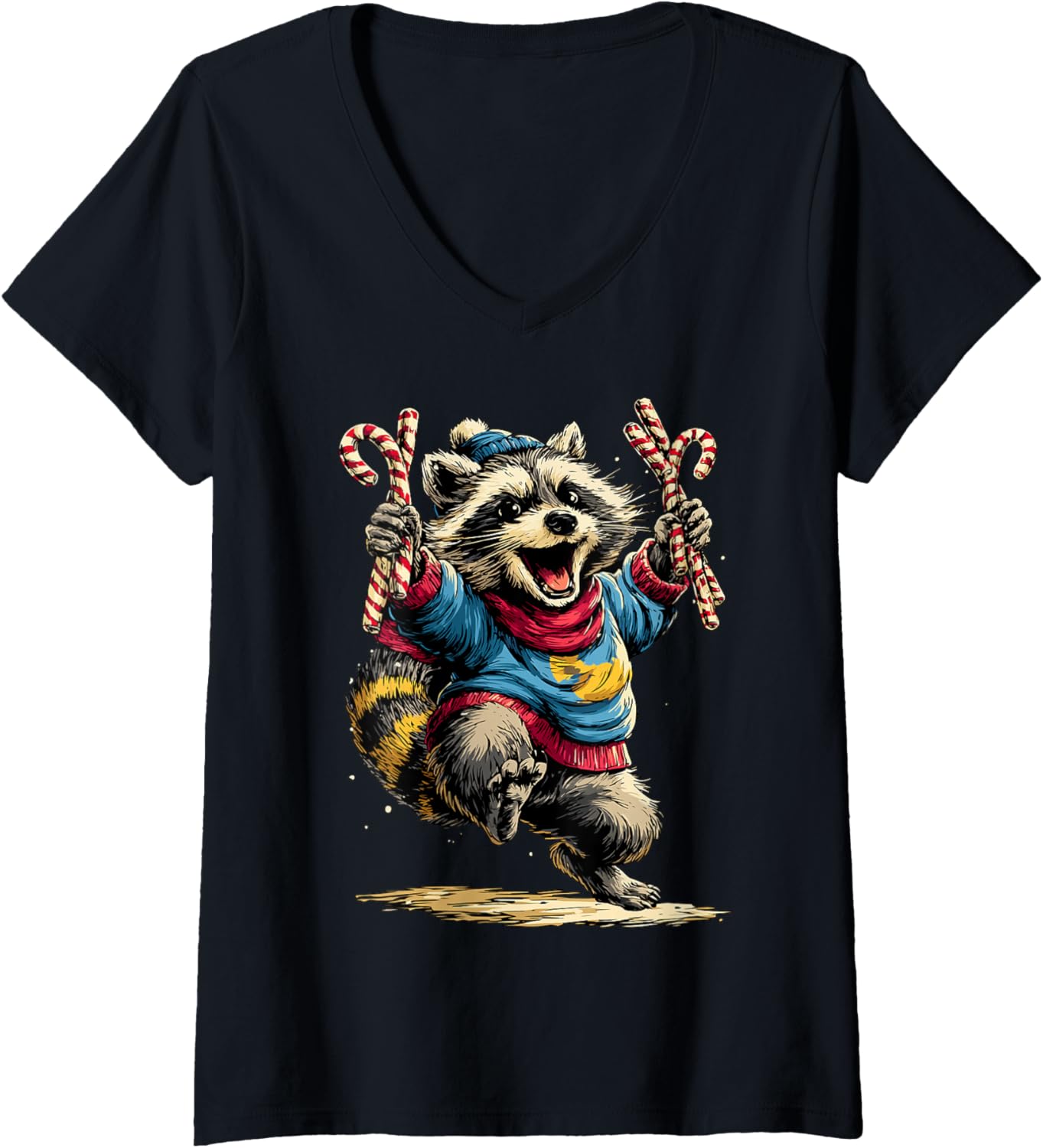 Womens Joyful Raccoon with Christmas Candies Festive Forest Animal V-Neck