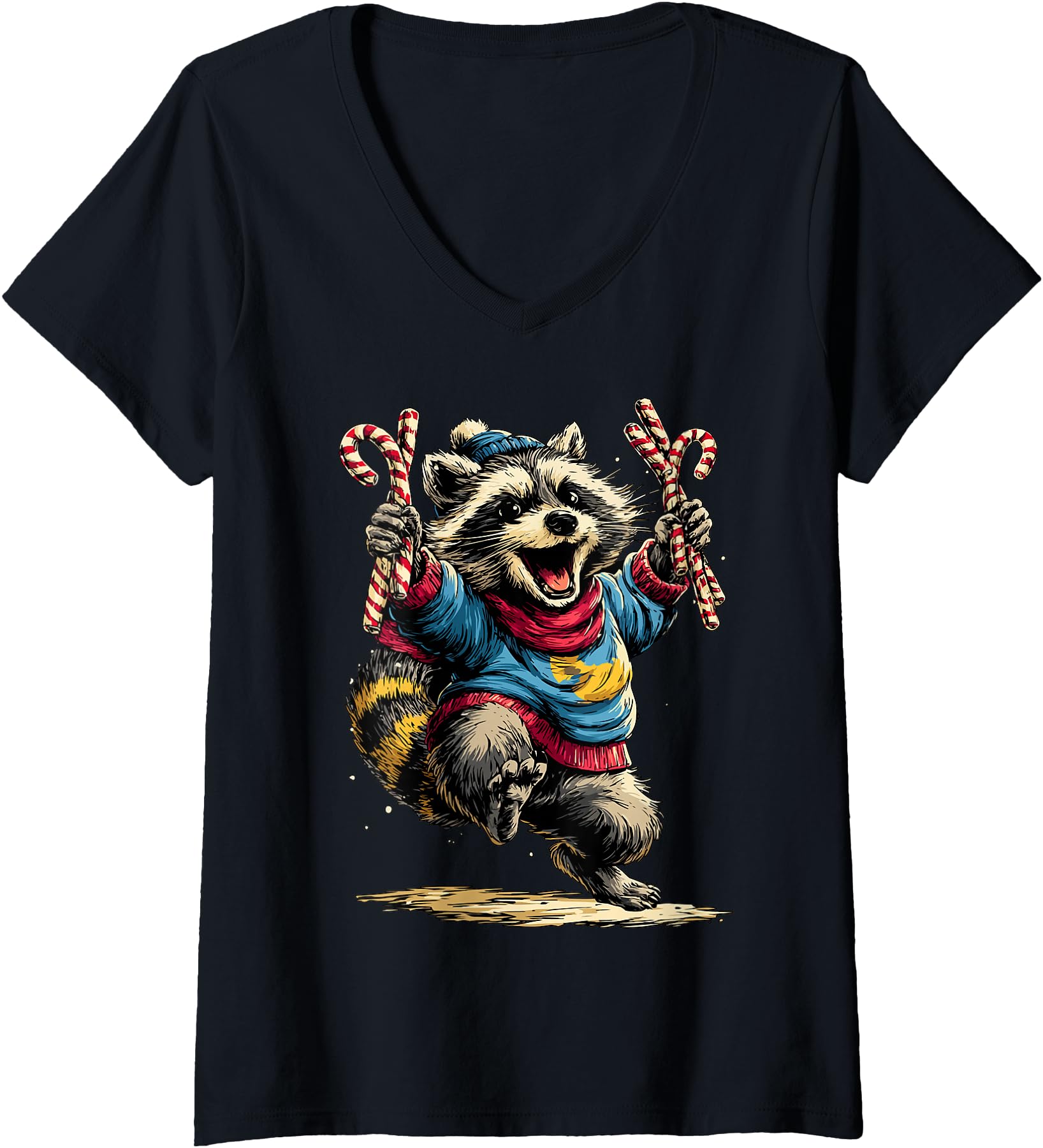 Womens Joyful Raccoon with Christmas Candies Festive Forest Animal V-Neck