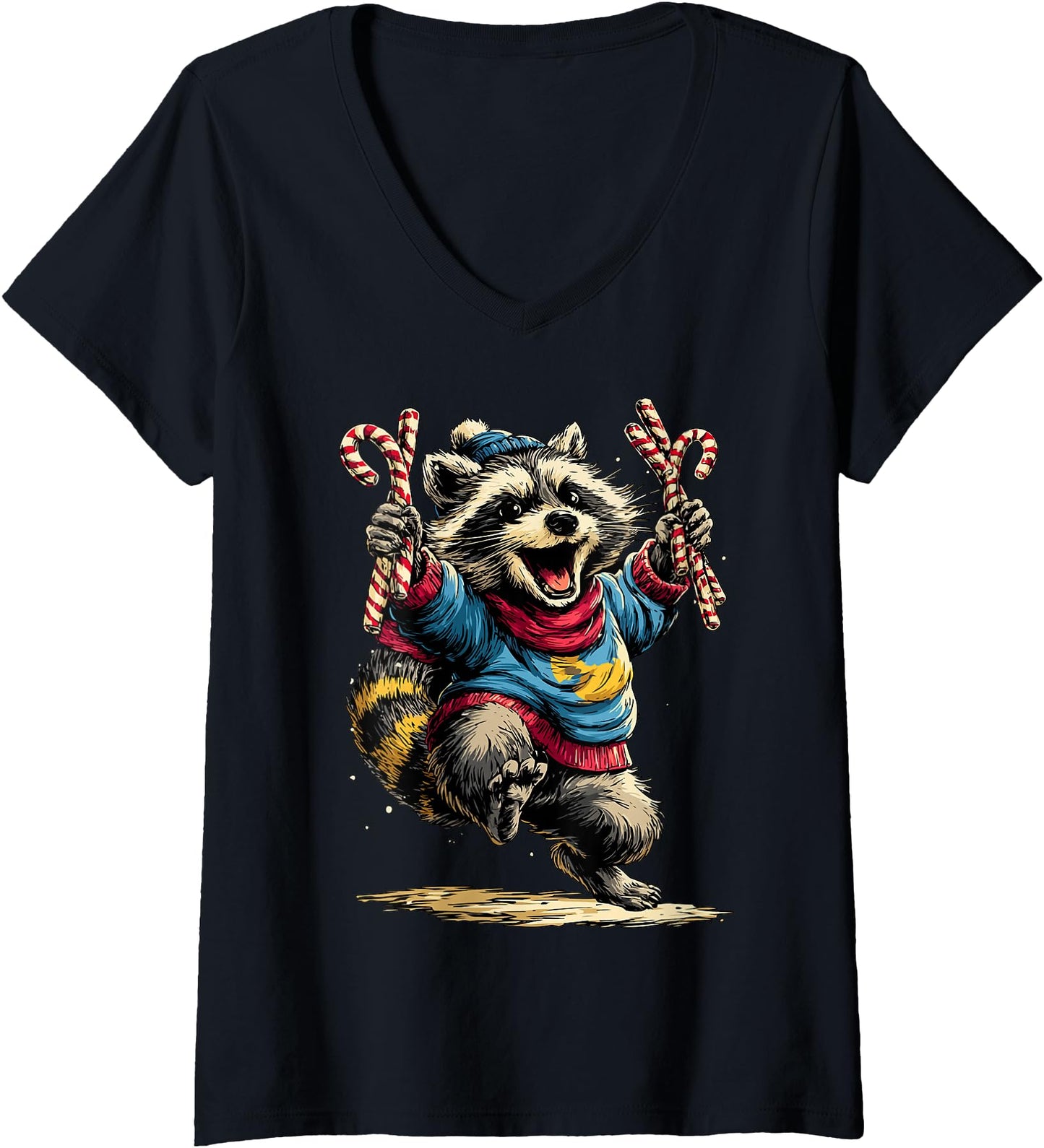 Womens Joyful Raccoon with Christmas Candies Festive Forest Animal V-Neck