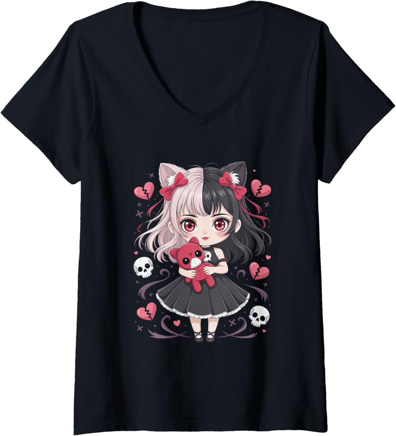 Womens Goth Emo Girl with Teddybear Gothic Chibi Anime Girlie V-Neck