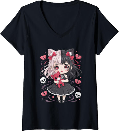 Womens Goth Emo Girl with Teddybear Gothic Chibi Anime Girlie V-Neck