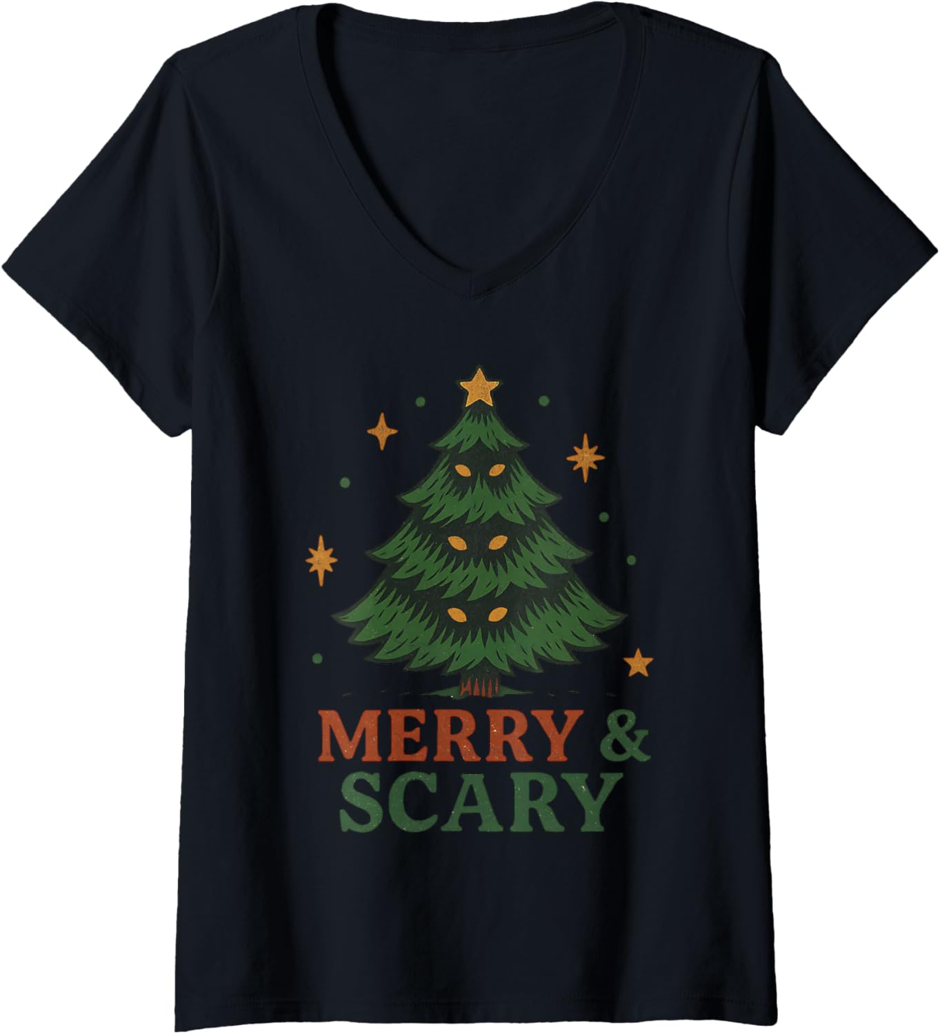 Womens Merry and Scary Christmas Spooky Holiday Tree Horror Xmas V-Neck