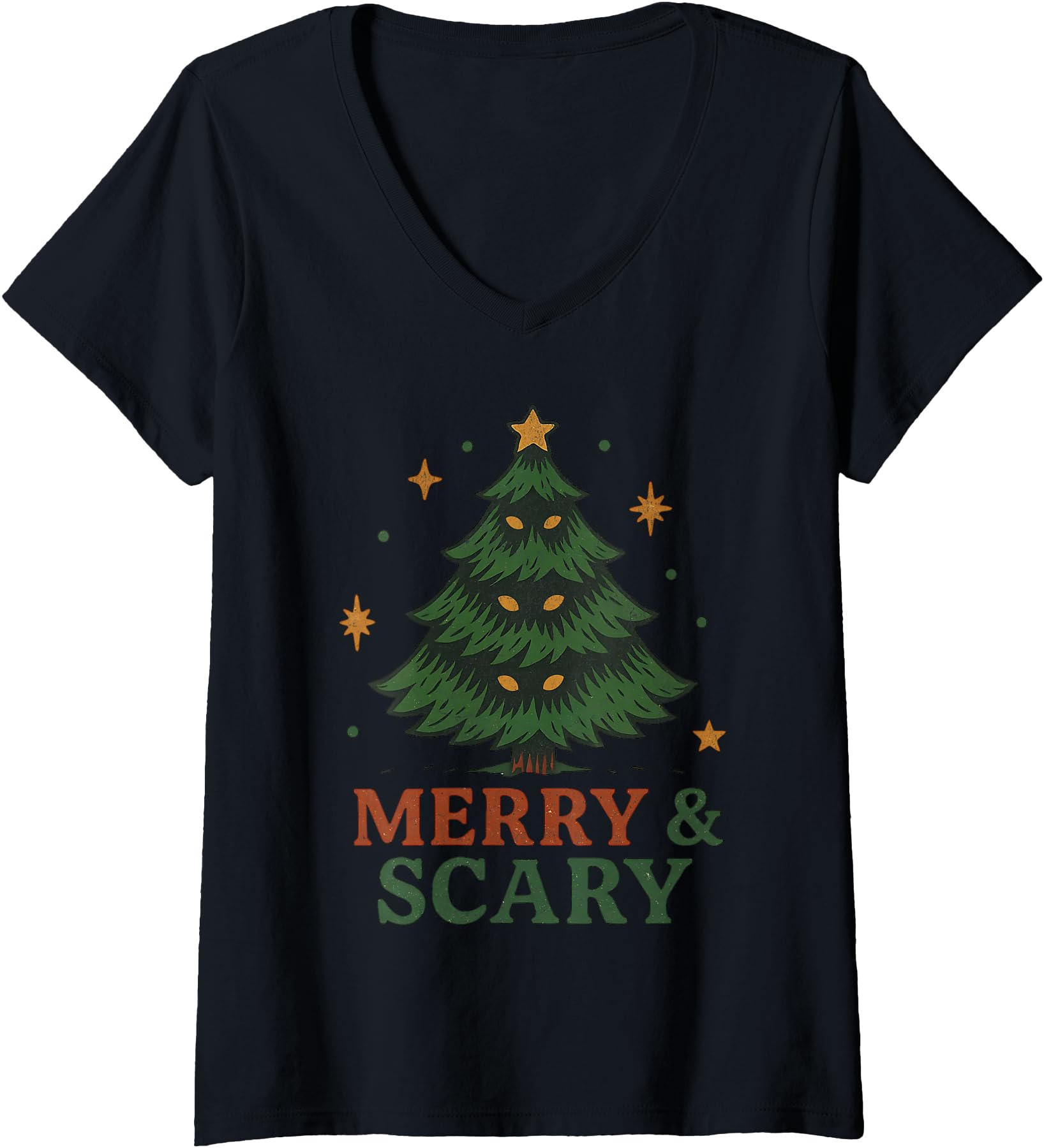 Womens Merry and Scary Christmas Spooky Holiday Tree Horror Xmas V-Neck