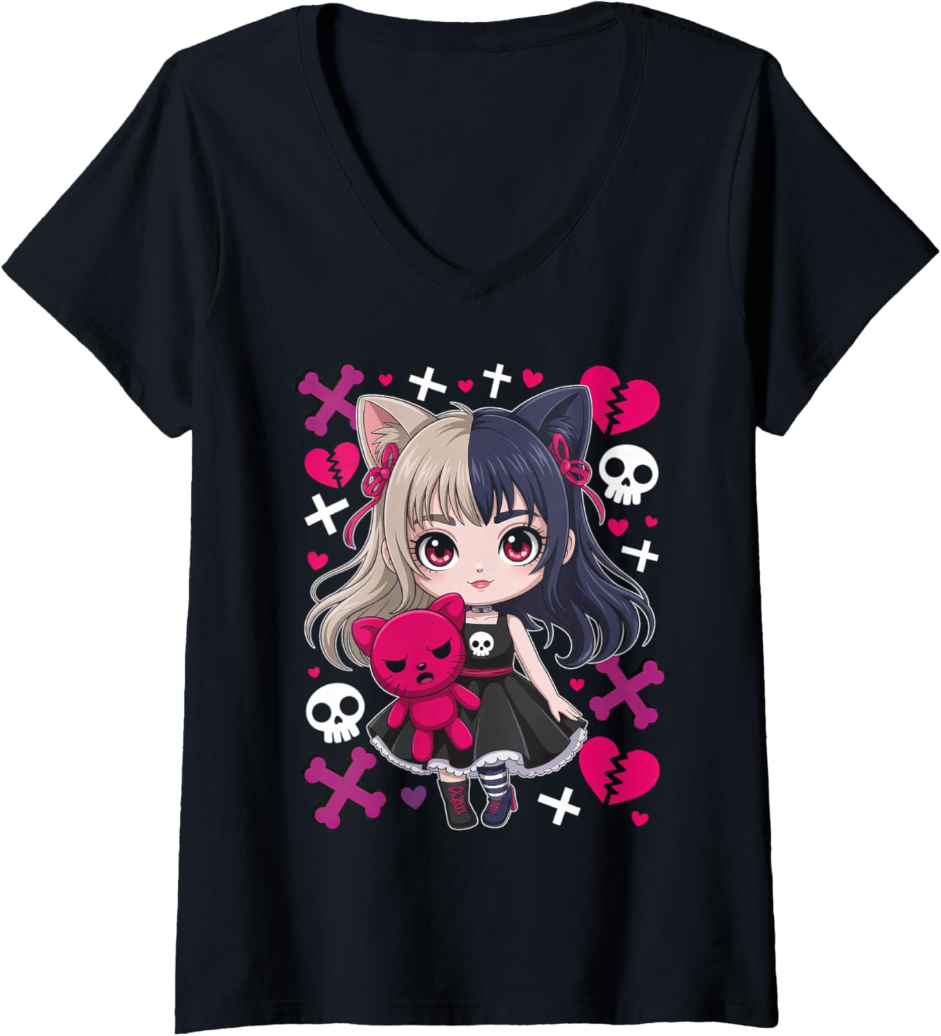Womens Goth Emo Girl with Teddybear Gothic Chibi Anime Girlie V-Neck