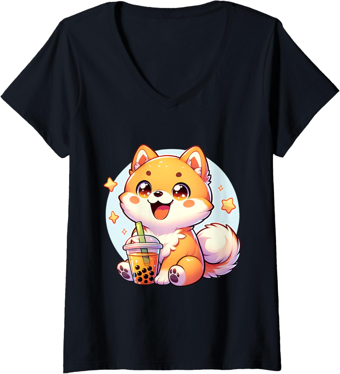 Womens Kawaii Shiba Inu Dog Bubble Tea Anime Chibi V-Neck