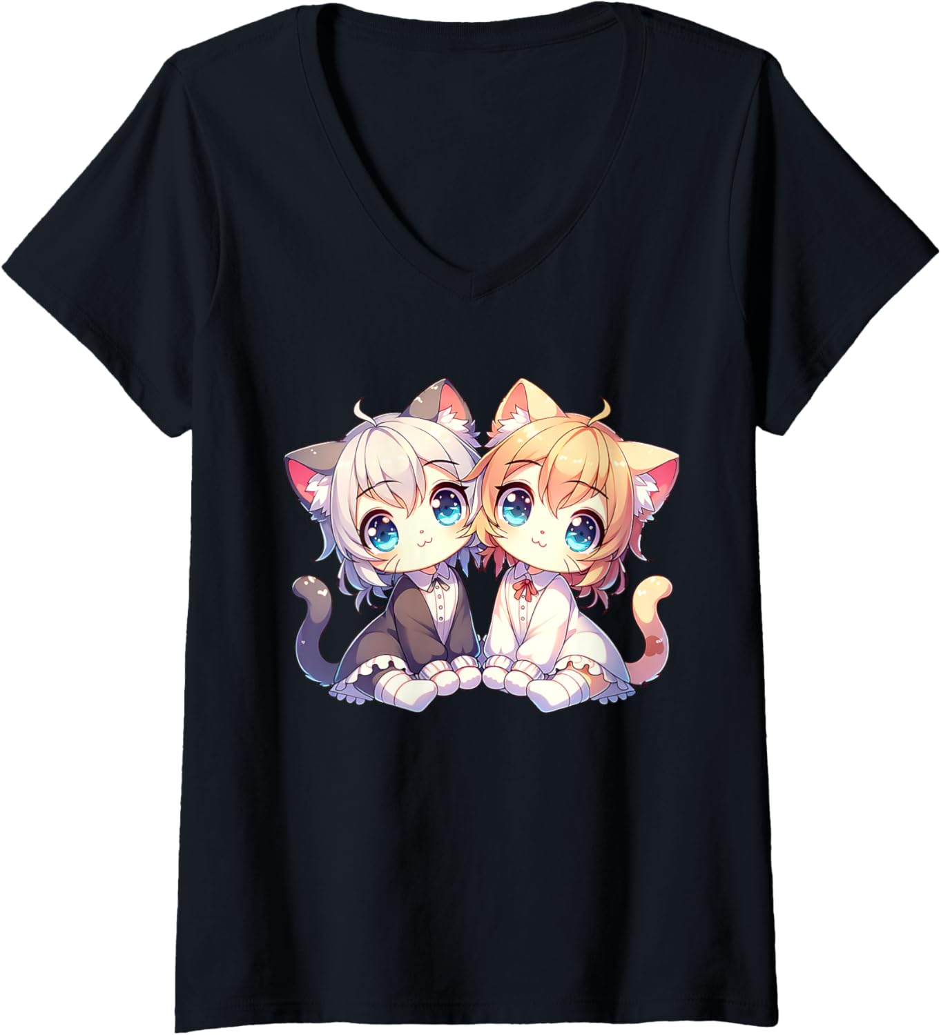 Womens Kawaii Cat Anime Chibi Manga Cute V-Neck