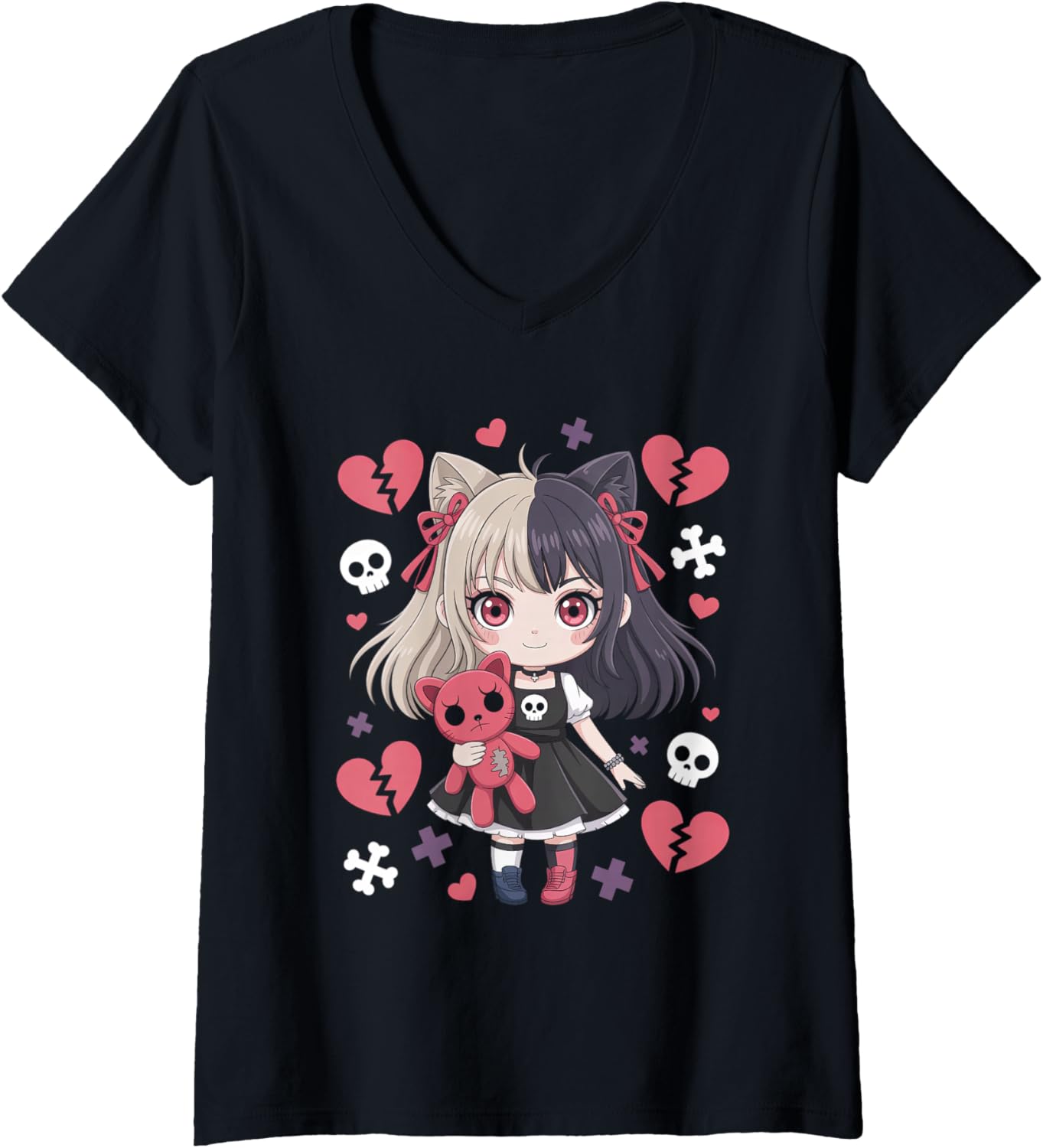 Womens Goth Emo Girl with Teddybear Gothic Chibi Anime Girlie V-Neck