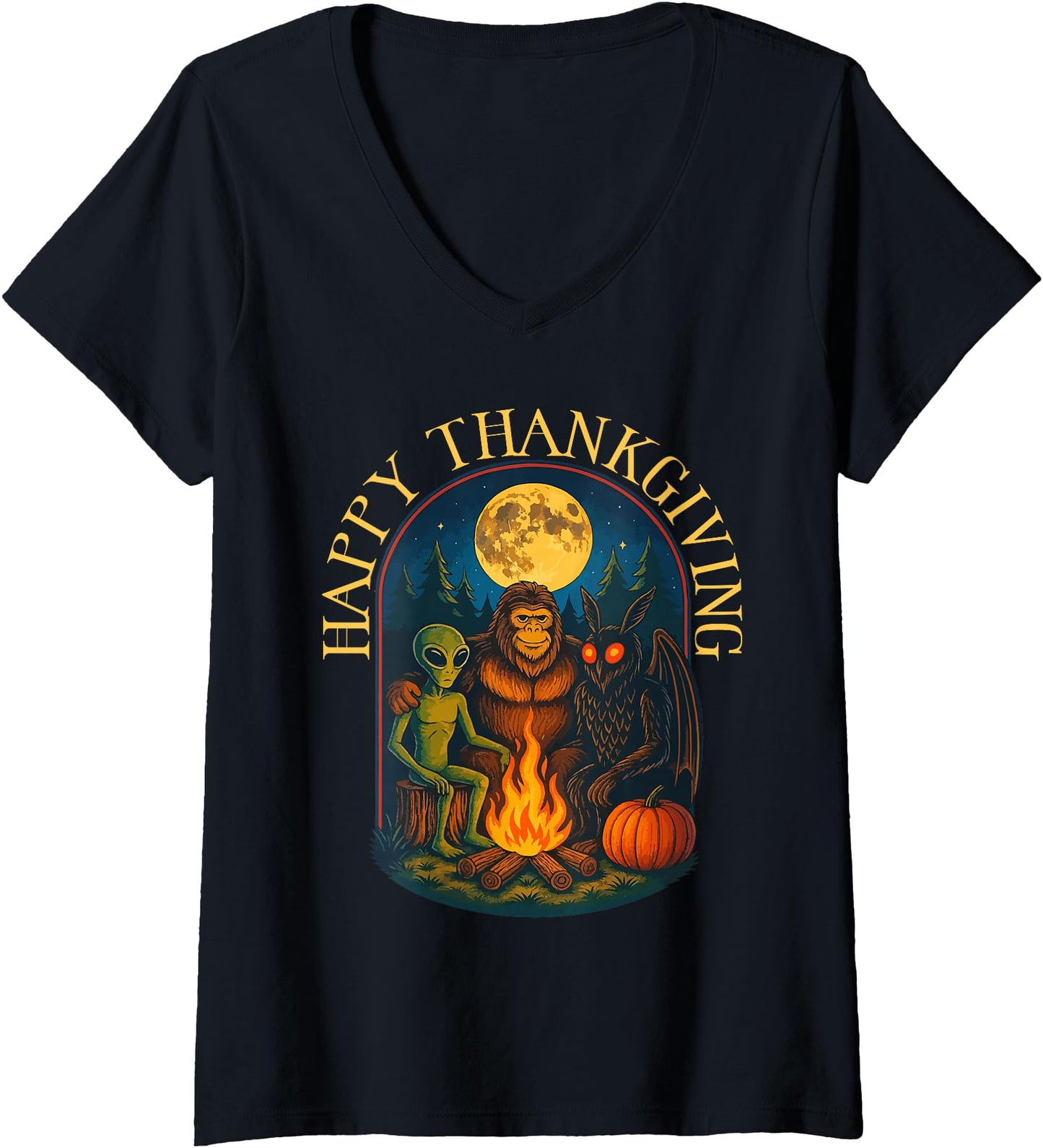 Womens Happy Thanksgiving Shirt Men Bigfoot Alien Mothman Sasquatch V-Neck