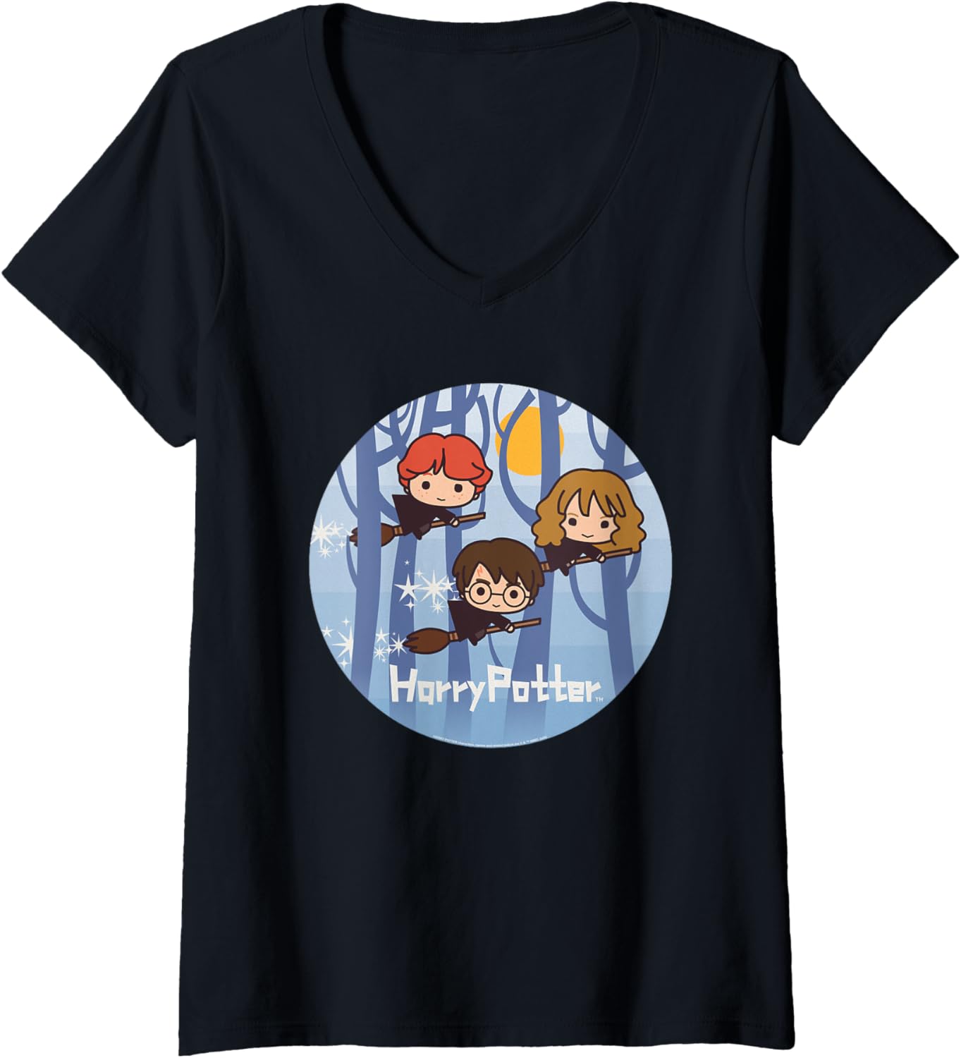 Womens Harry Potter Chibi Trio Flying On Broomsticks V-Neck