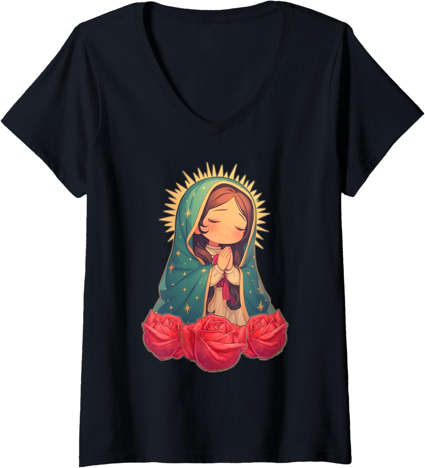 Womens Virgen de Guadalupe Virgin Mary Cartoon Cute Chibi V-Neck