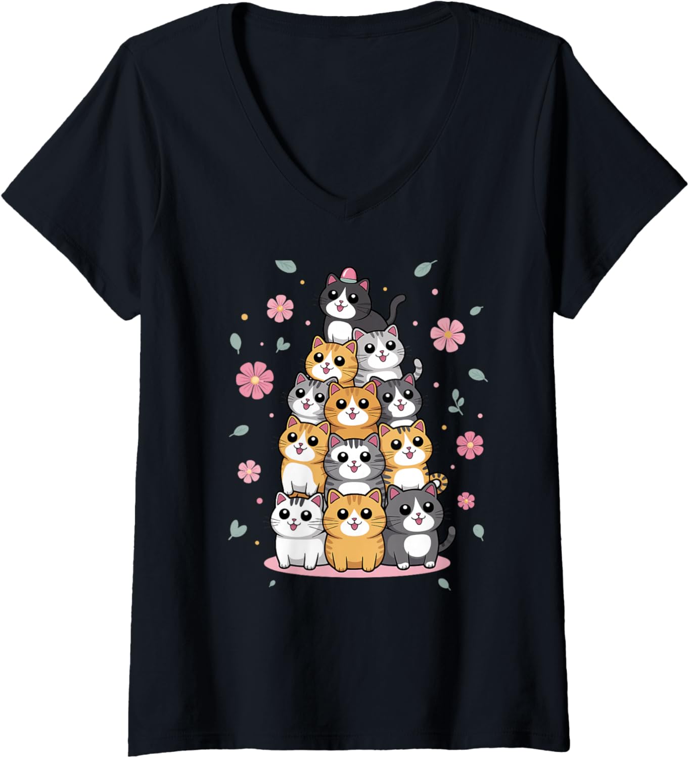 Womens Funny Pile of Kitty Kawaii Cats Funny Cute Cat Lover Chibi V-Neck