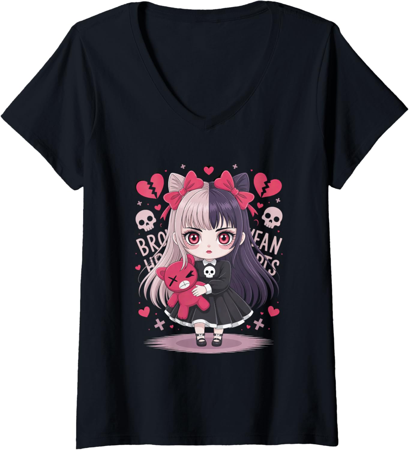 Womens Goth Emo Girl with Teddybear Gothic Chibi Anime Girlie V-Neck