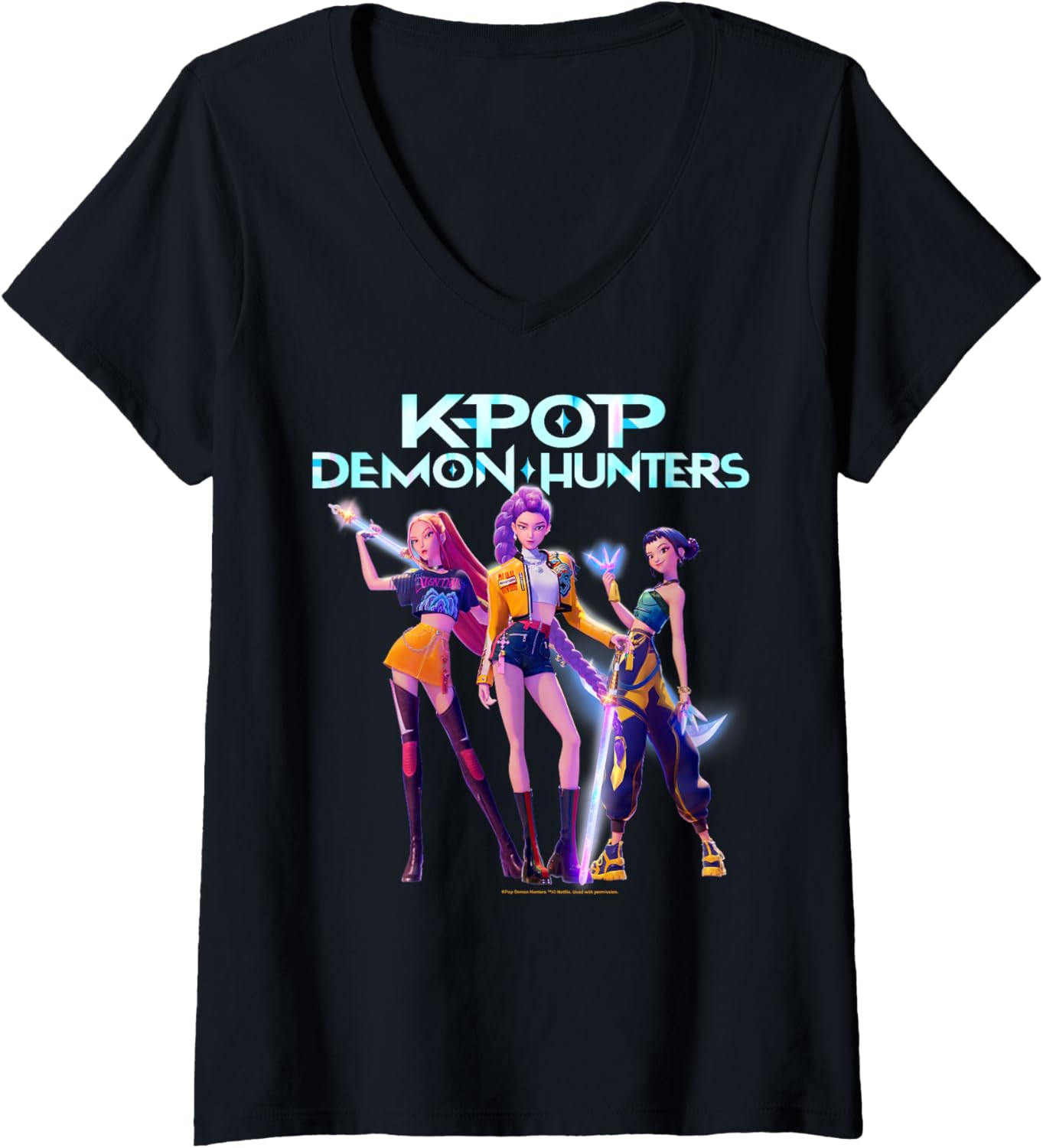 Womens Kpop Demon Hunters Halloween Huntrix Heroic Poses Group Shot V-Neck