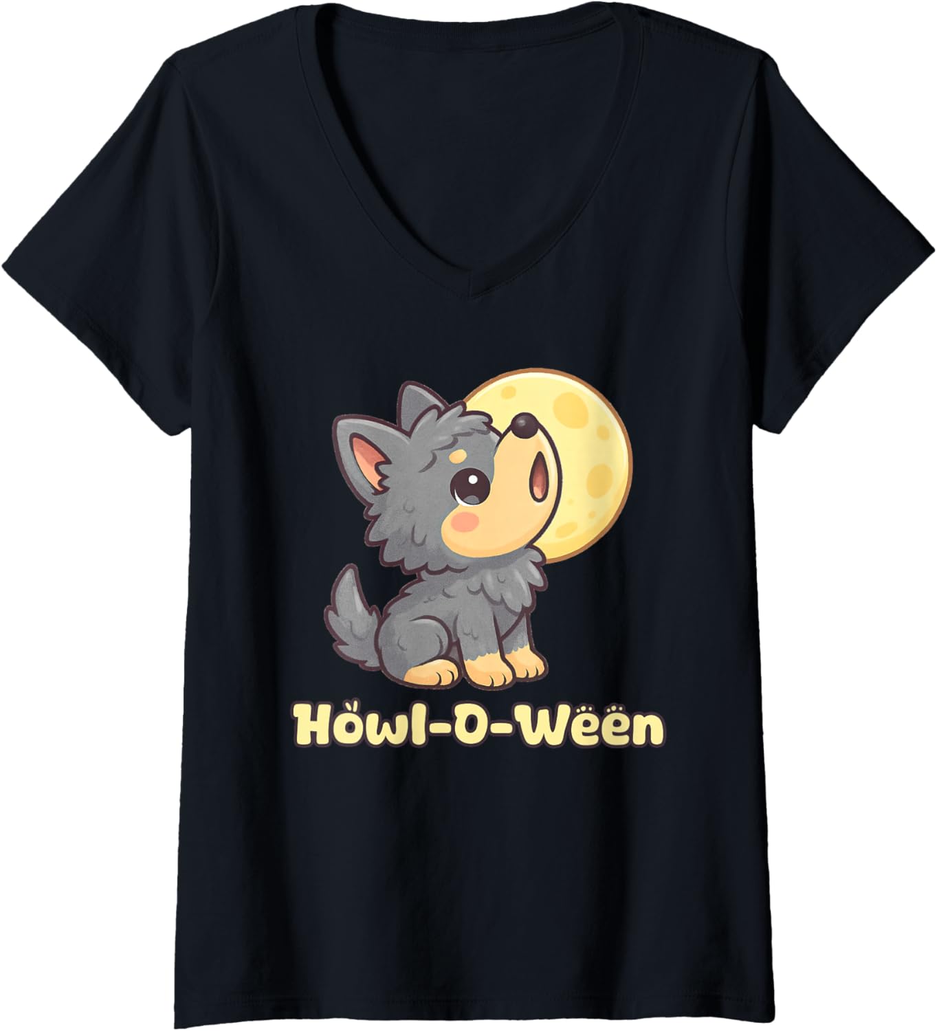Womens Kawaii Puppy Wolf Howling Moon Chibi Spooky Halloween V-Neck