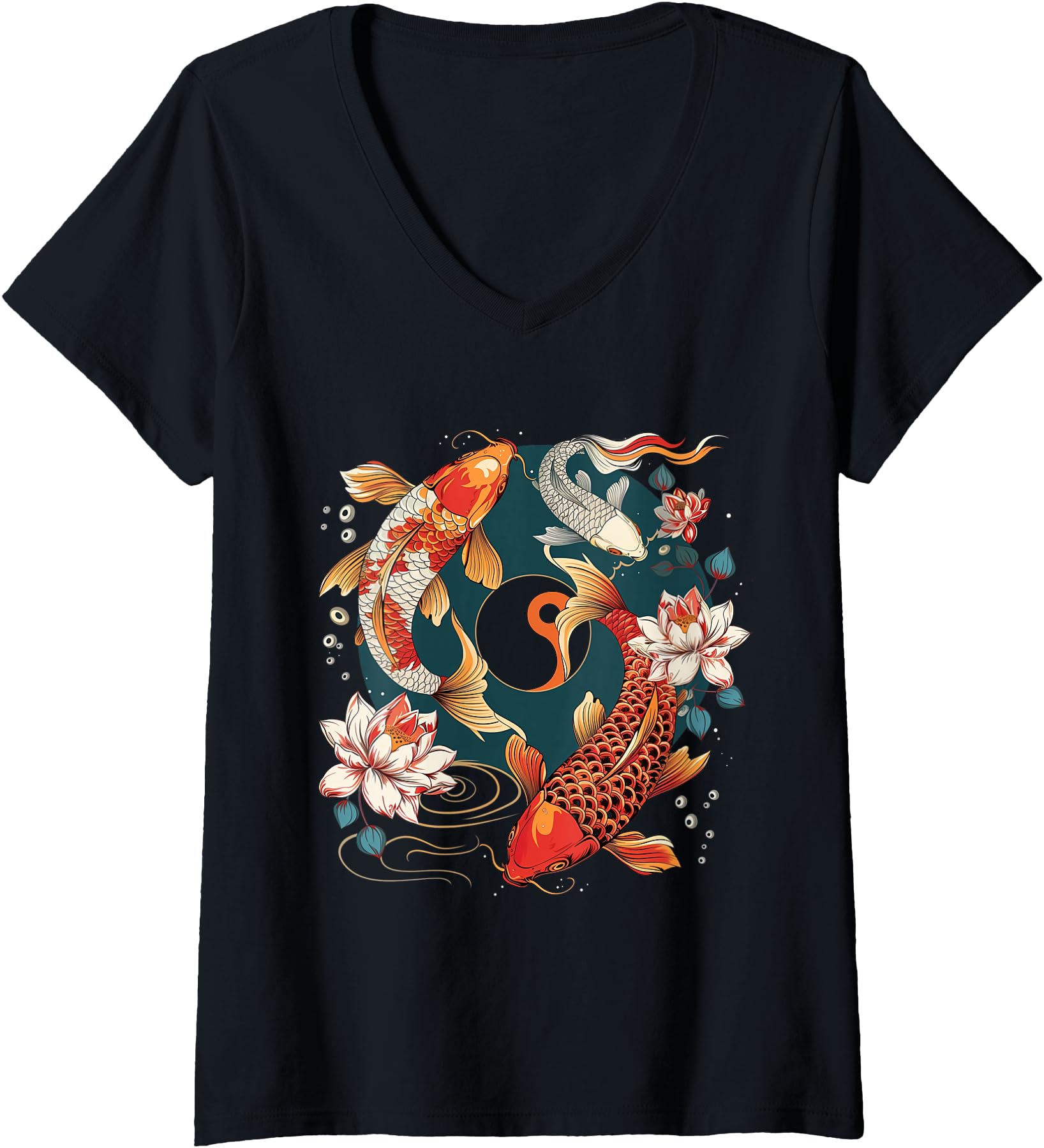 Womens Japanese Koi Fish Vintage Lotus Flowers V-Neck