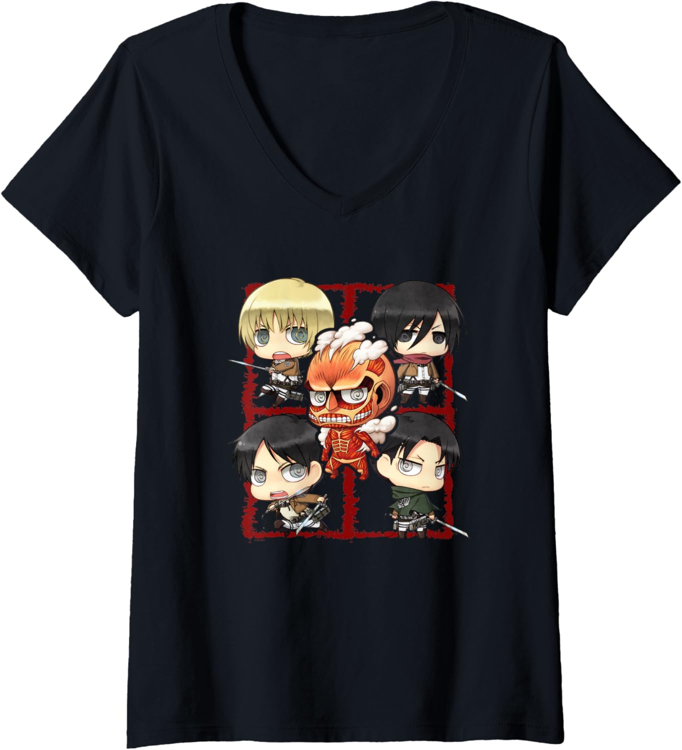 Womens Attack on Titan Chibi Character Montage Anime V-Neck