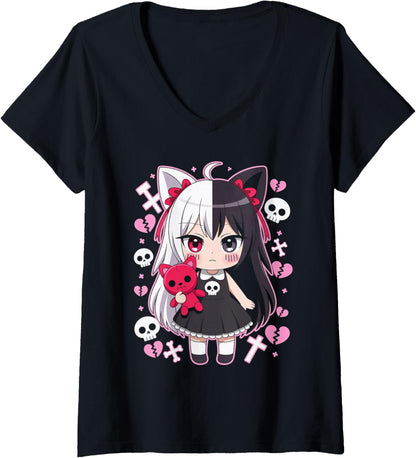 Womens Goth Emo Girl with Teddybear Gothic Chibi Anime Girlie V-Neck