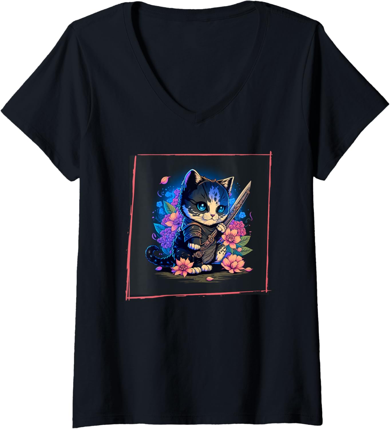 Womens Kawaii Neko Cute Cat Japanese Adorable Chibi Anime V-Neck