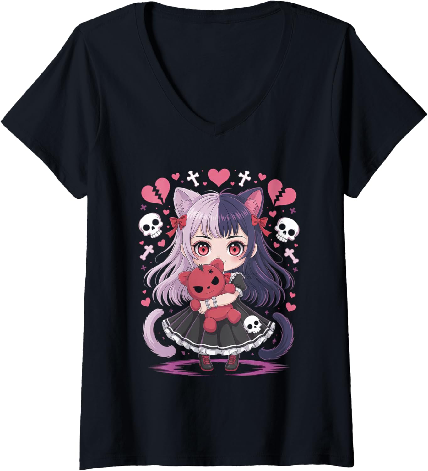 Womens Goth Emo Girl with Teddybear Gothic Chibi Anime Girlie V-Neck
