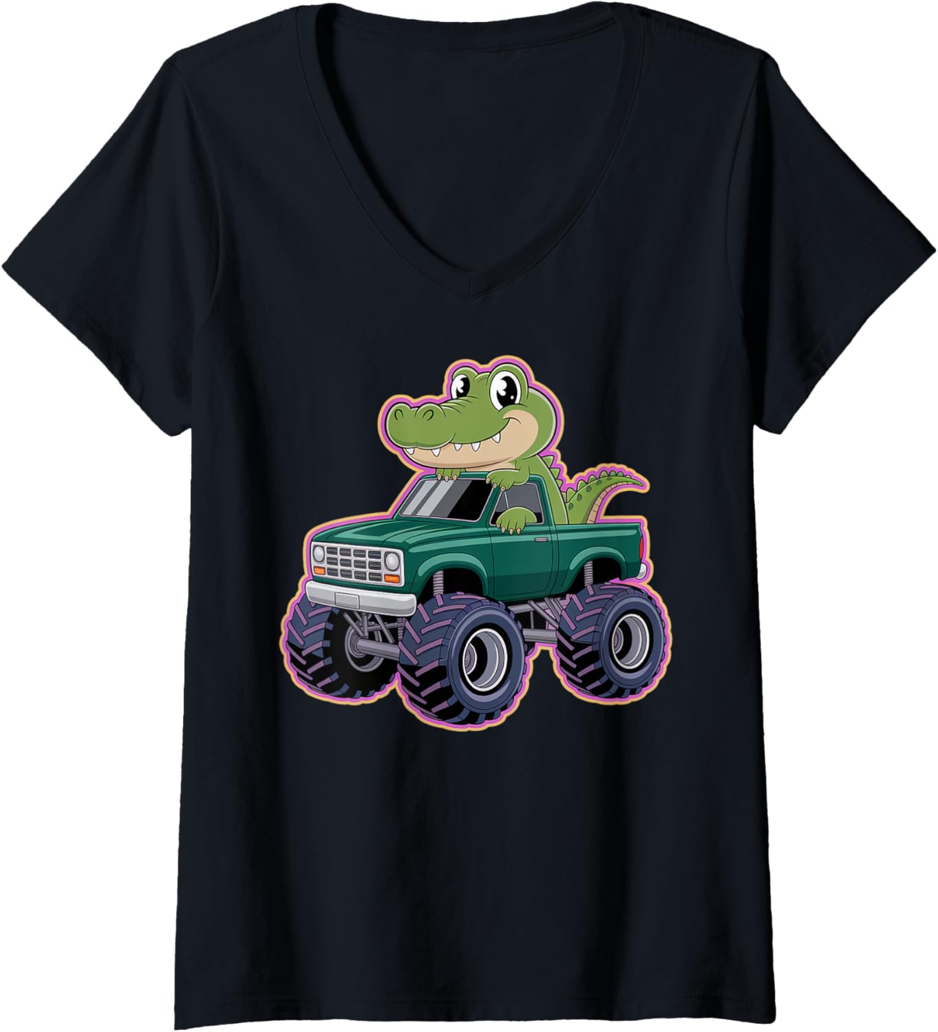 Womens Cute Monster Truck With Chibi Crocodile V-Neck