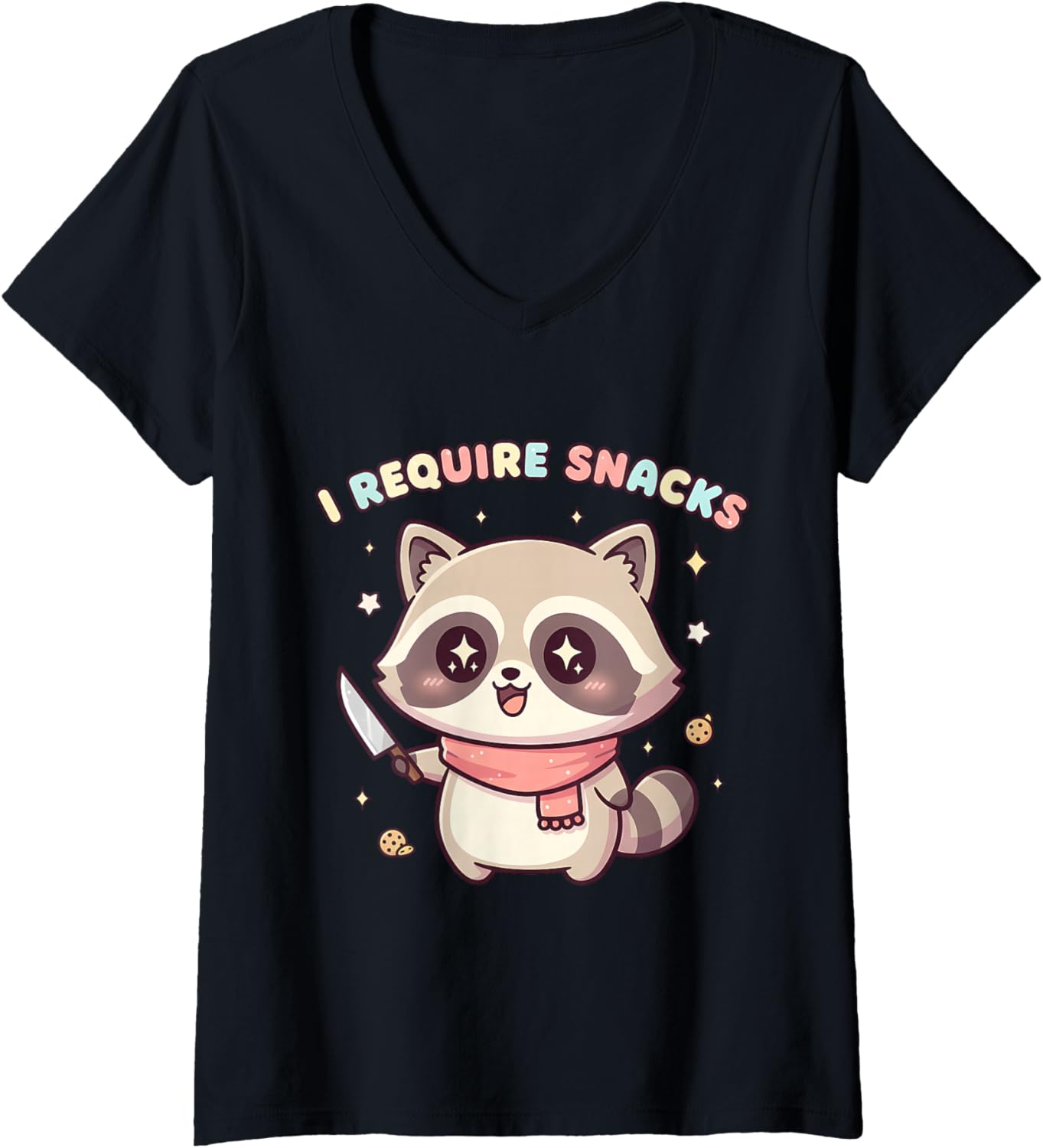 Womens I Require Snacks Cute Kawaii Raccoon Groovy Chibi V-Neck