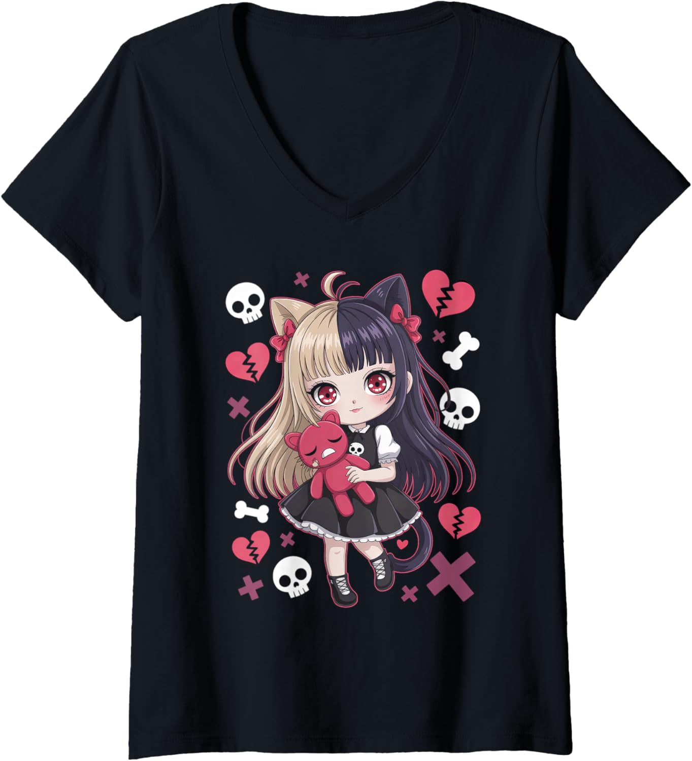 Womens Goth Emo Girl with Teddybear Gothic Chibi Anime Girlie V-Neck