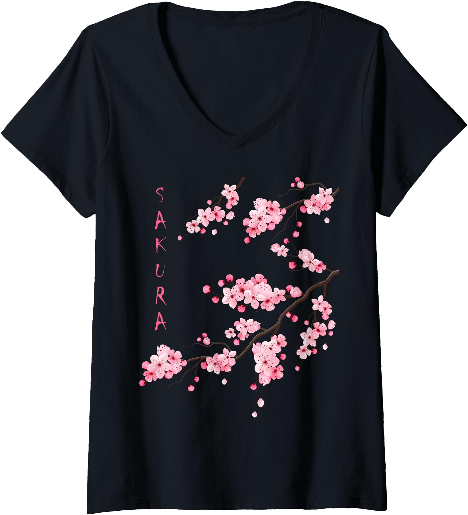 Womens Vintage Sakura Cherry Blossom Japanese Graphical Art V-Neck