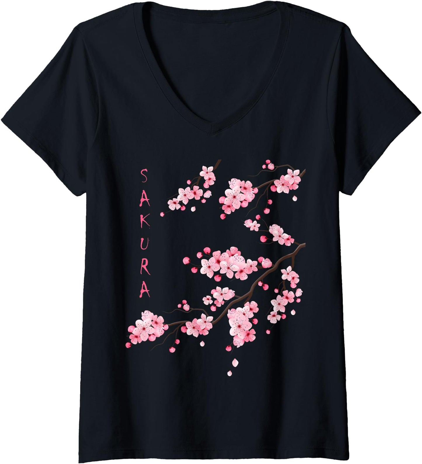 Womens Vintage Sakura Cherry Blossom Japanese Graphical Art V-Neck