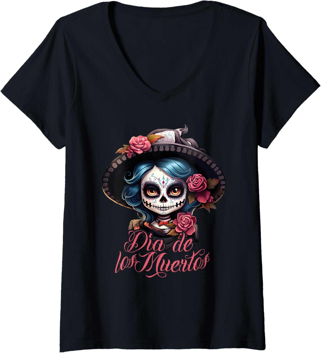 Womens Dia De Los Muertos Mexico Day of the dead Chibi La Catrina V-Neck