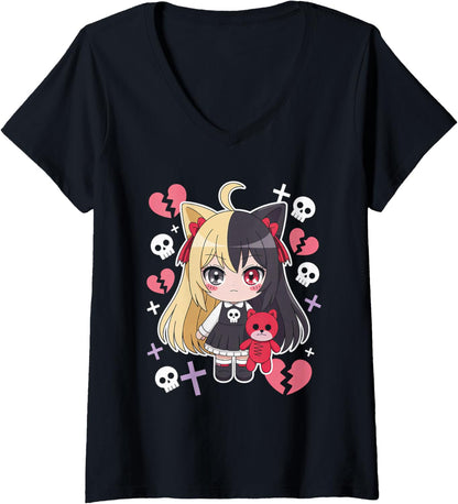 Womens Goth Emo Girl with Teddybear Gothic Chibi Anime Girlie V-Neck